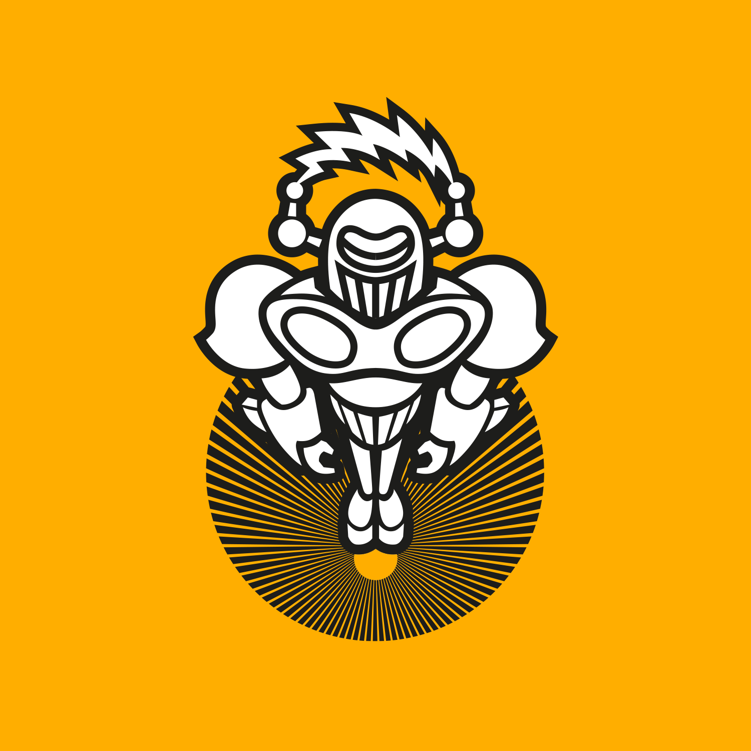 Black and white digital illustration of a superhero with a helmet and armor, standing on a circular patterned background, set against an orange backdrop.