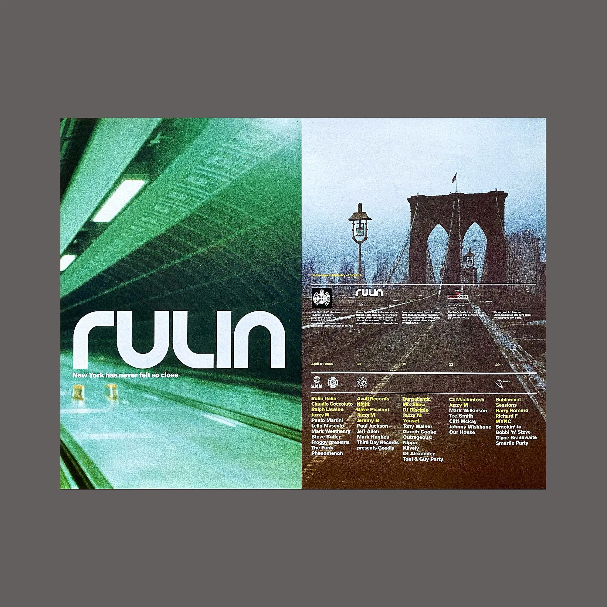A two-sided promotional poster for Ruin, a music event. Left side features a tunnel with green lighting and white text that reads 'ruin' and 'New York has never felt so close.' Right side shows the Brooklyn Bridge with overcast sky, with track list and event details.