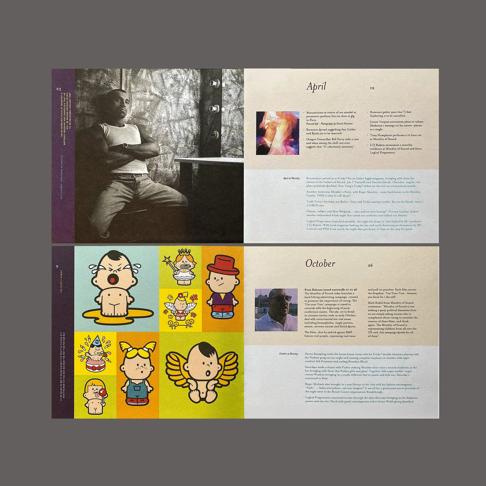 A two-page magazine spread with the months April and October. The April section includes a black and white photo of a man sitting against a wall, with columns of text and a small, colorful photo above. The October section features a collage of cartoon characters on the left and a photo of a man with a text column on the right.