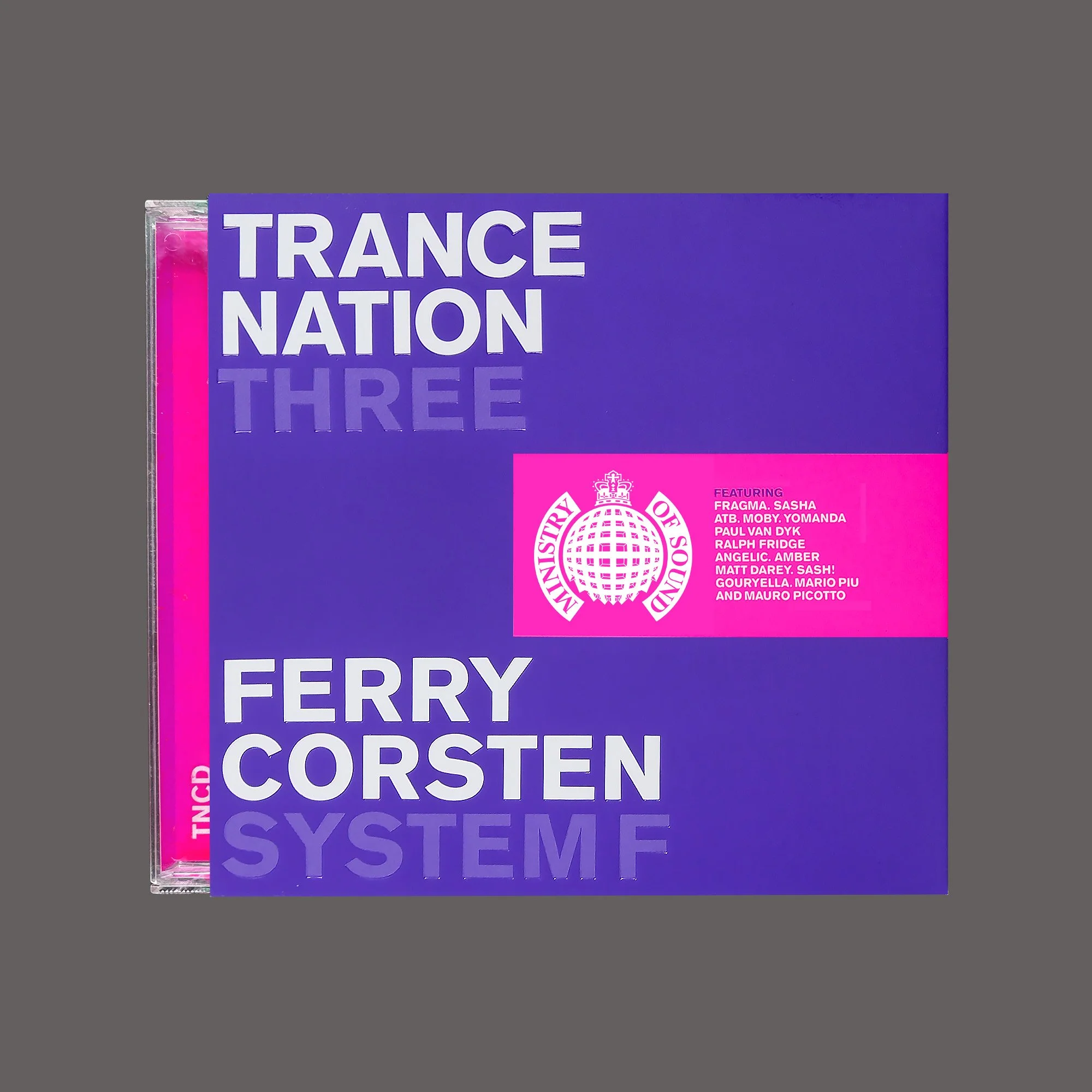 Album cover for 'Trance Nation Three' featuring Ferry Corsten, with purple and pink background and a pink label with a white logo and text.