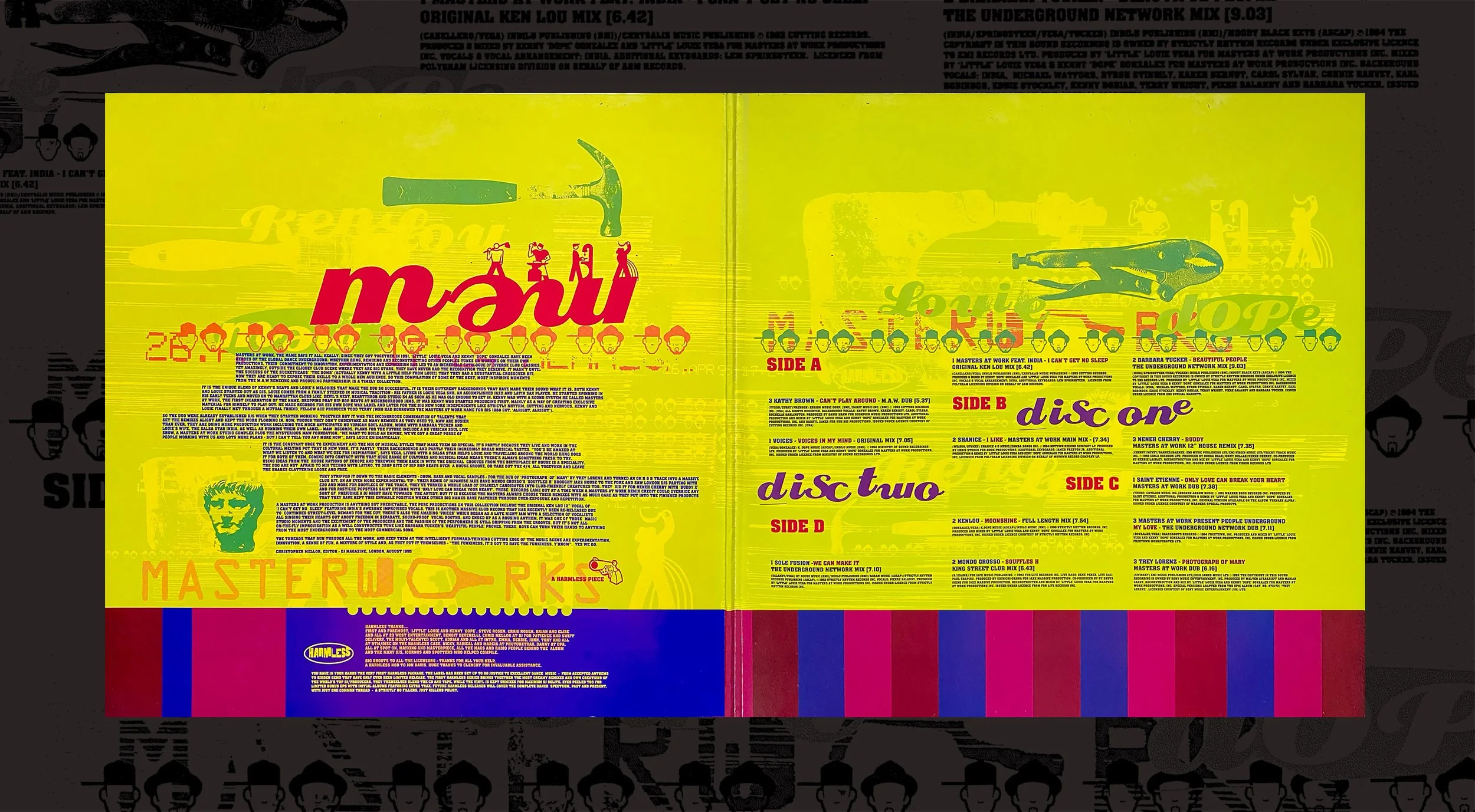 A colorful vinyl record album cover with bright yellow, purple, red, and blue sections. The cover features various graphics, text, and illustrations related to music.