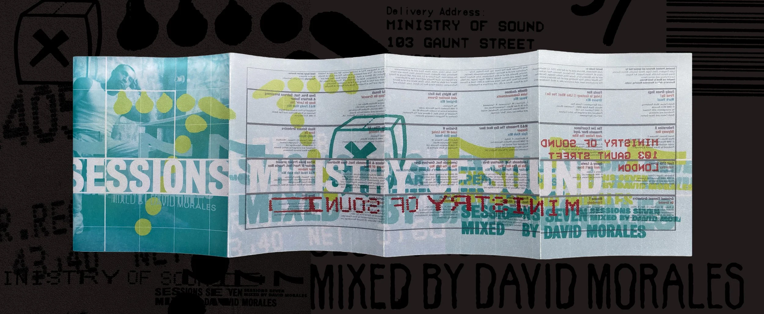 A creased newspaper with colorful text and graphics, including the word 'SESSIONS' and phrases like 'MINISTRY OF SOUND' and '103 GAUNT STREET.' The newspaper displays promotional content for a music event mixed by David Morales.