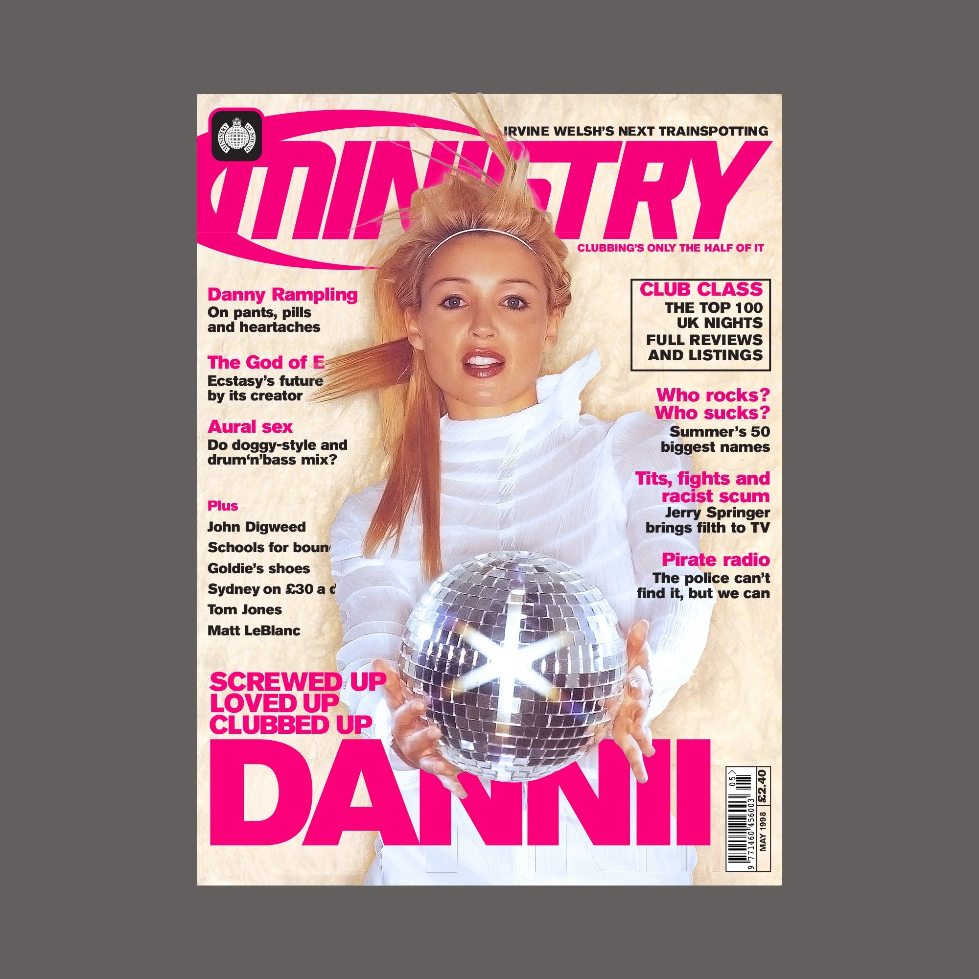 Magazine cover featuring a woman holding a disco ball, with bold pink and black text, including headlines about music, clubs, and pop culture, dated May 1998.