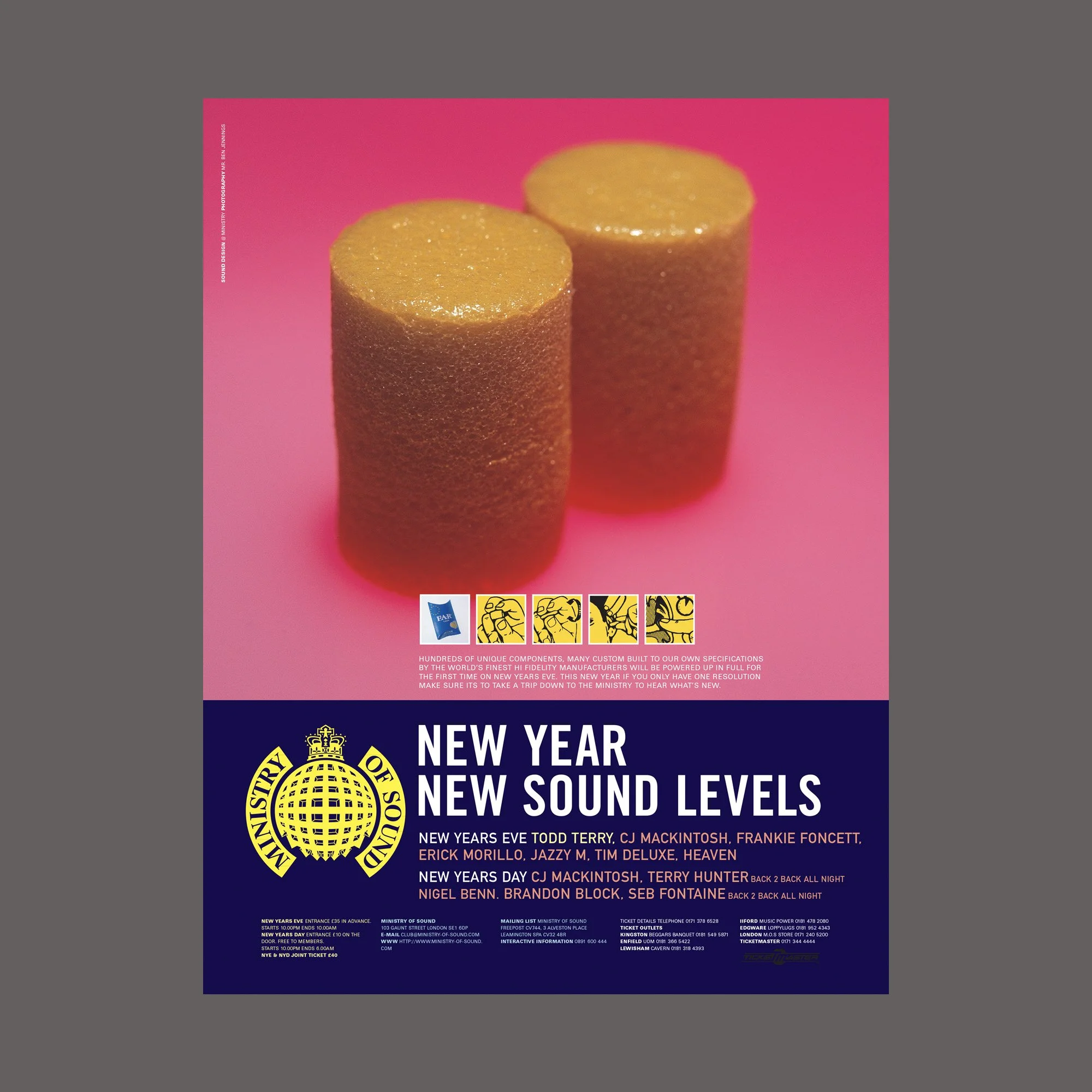 Promotional poster for New Year's Eve events, featuring two large orange battery-powered noise makers with