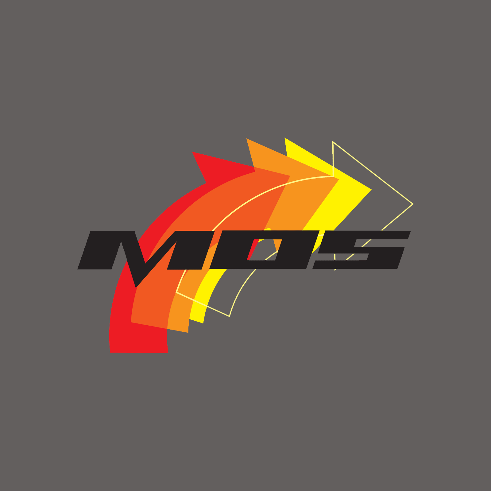 Stylized logos with arrow shapes in red, orange, and yellow, and the letters 'MOS' in bold black letters.
