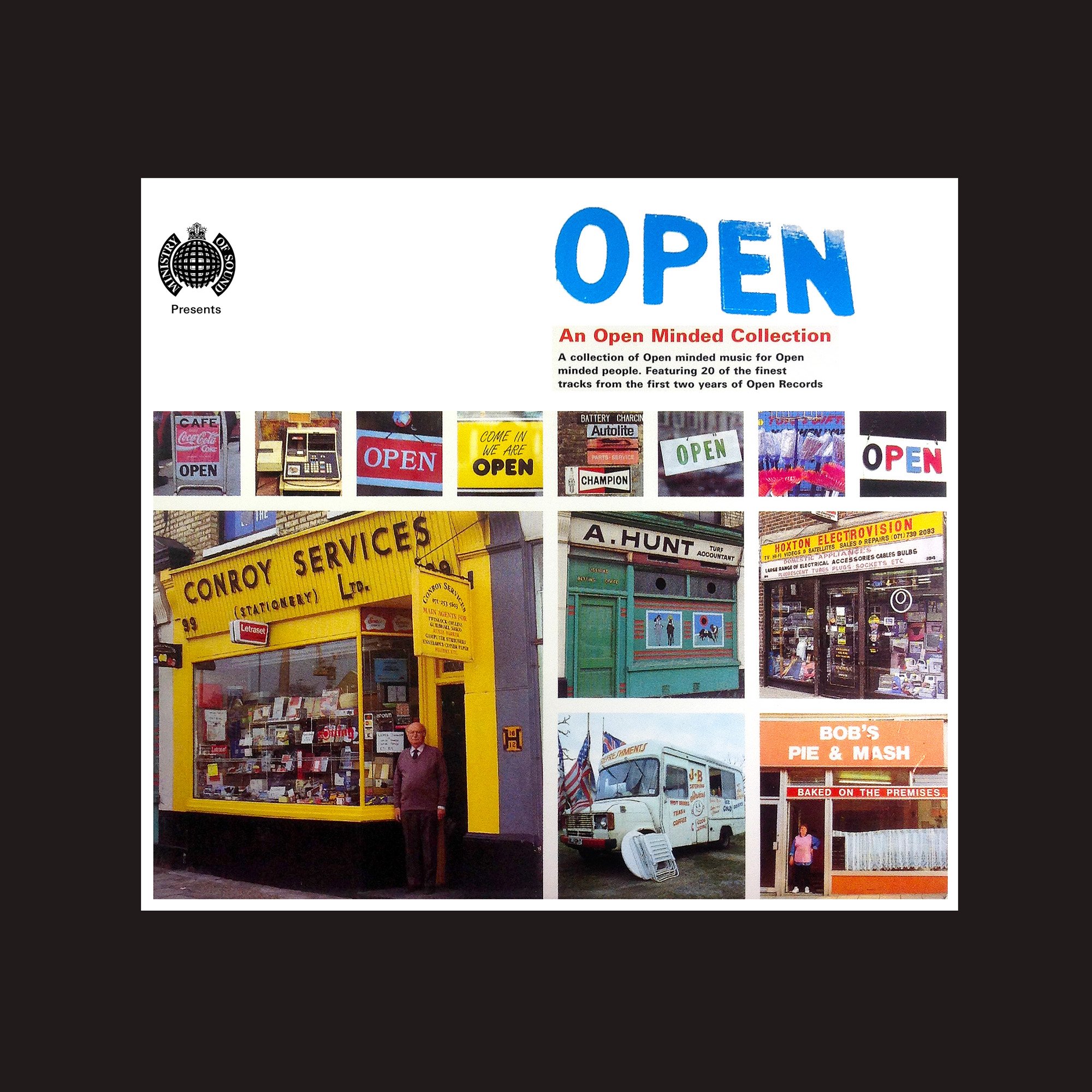 Cover of a music compilation titled 'Open,' featuring photographs of various storefronts and signs, including a yellow stationery store, a green shop, a white van, and a bakery, with text describing the collection of open-minded music for Open.