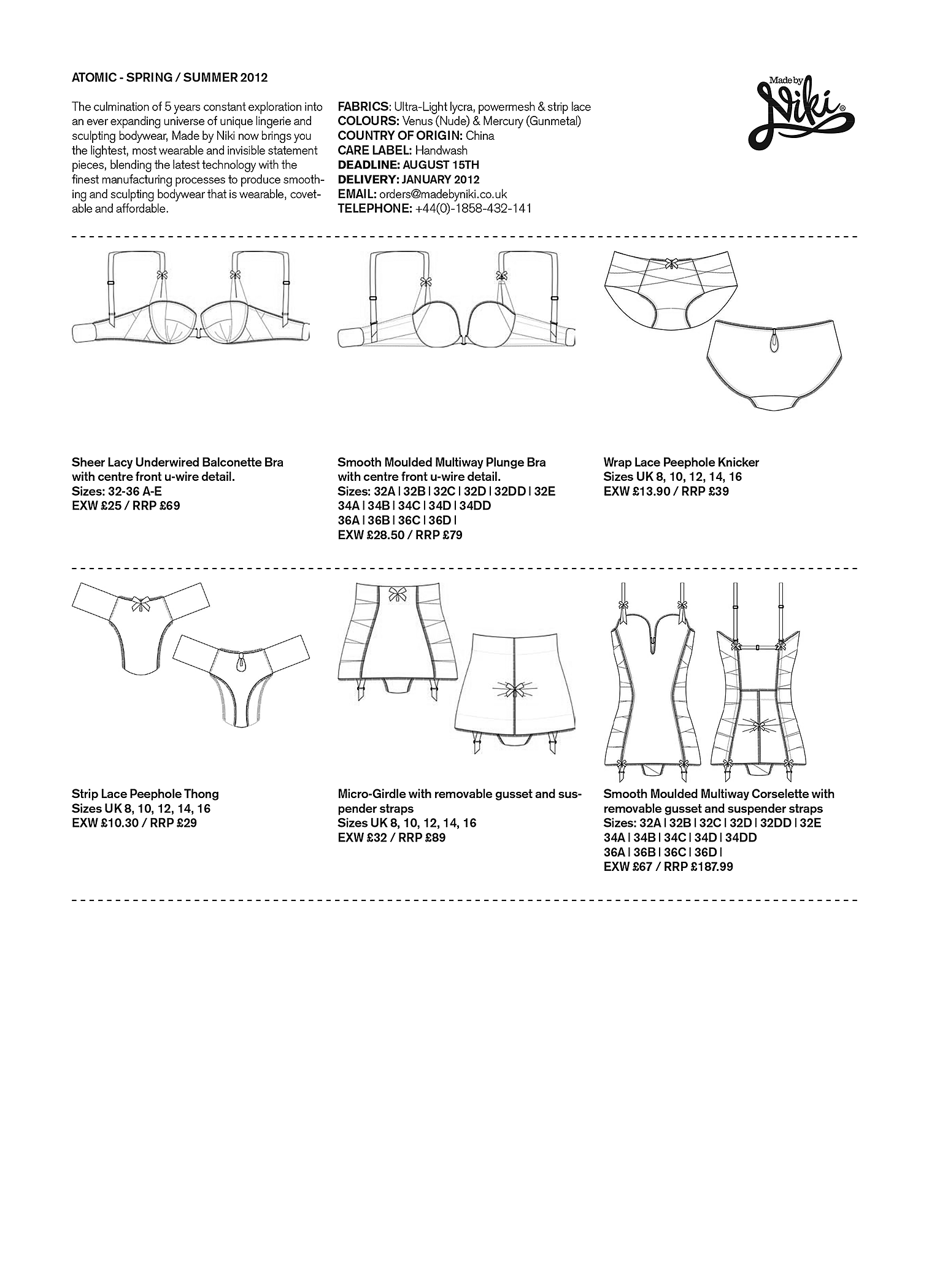 Page from Niki's spring/summer lingerie catalog 2012 featuring illustrated designs of bras, panties, and lingerie sets with descriptions, sizes, and prices.