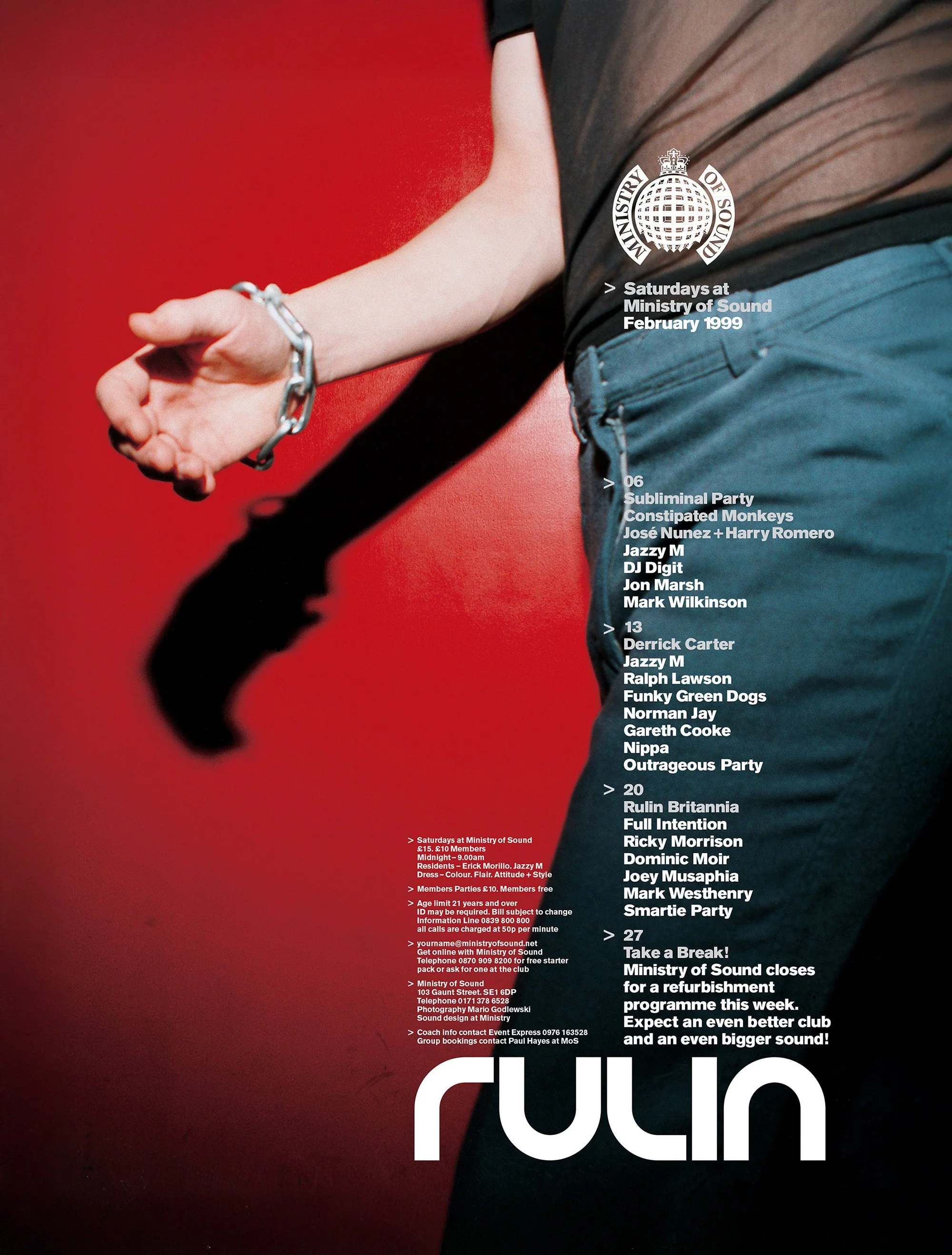A person wearing a black sheer top and blue pants, with a silver chain bracelet on their wrist, standing against a red background. The poster includes event details for the Ministry of Sound with dates, artist lineups, and additional information.