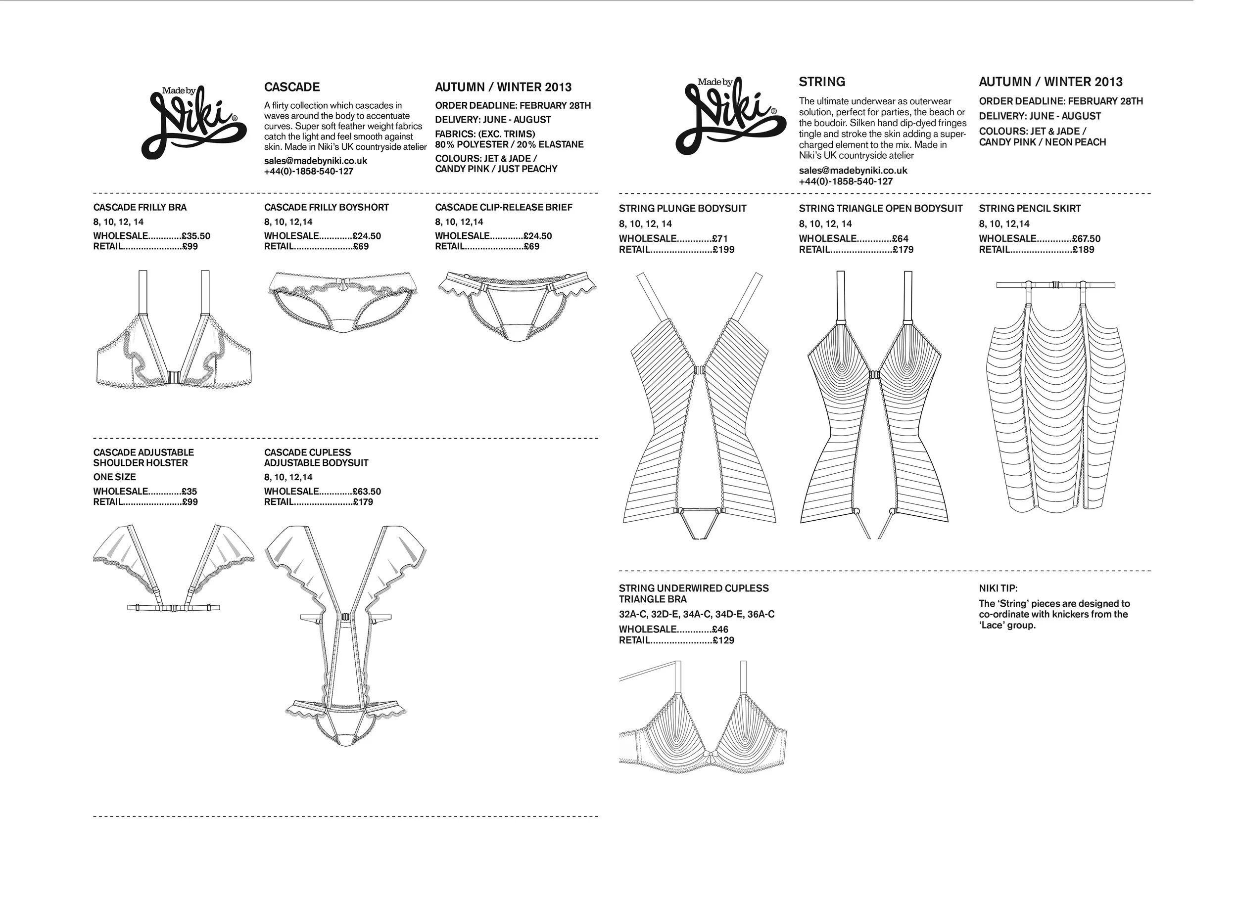 Line drawing sketches of various lingerie pieces including bras and bodysuits, with detailed designs and specifications for a 2013 autumn/winter collection.