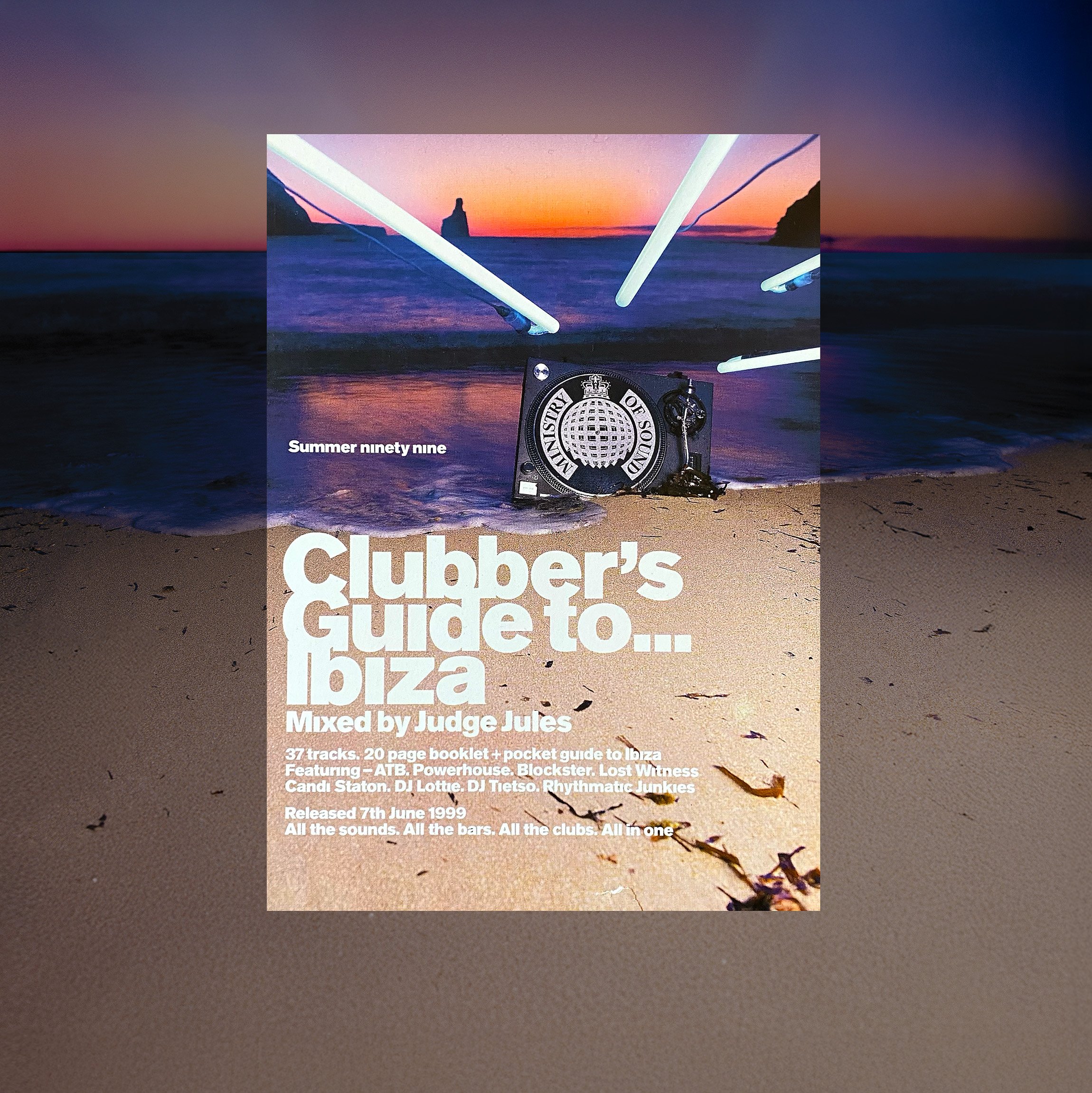 Cover of a music compilation titled 'Clubber's Guide to Ibiza,' mixed by Judge Jules, with a beach scene at sunset in the background, and a vintage radio speaker surrounded by neon lights.