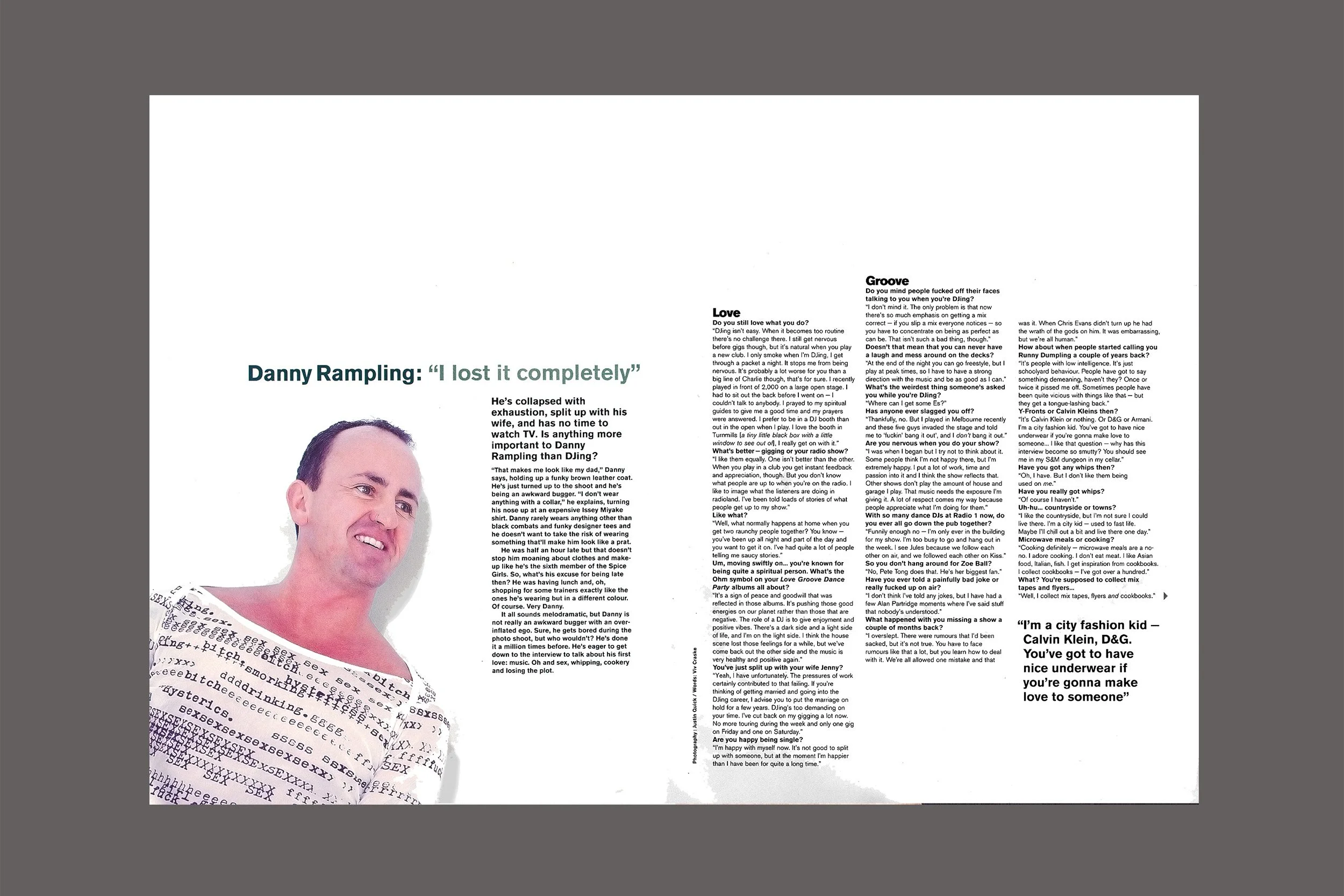 A magazine page features a large photo of a man with a humorous expression, wearing a shirt covered in text and symbols. The article's title is "Danny Rampling: 'I lost it completely'" with text fluctuating around the image, including a quote and various story sections.