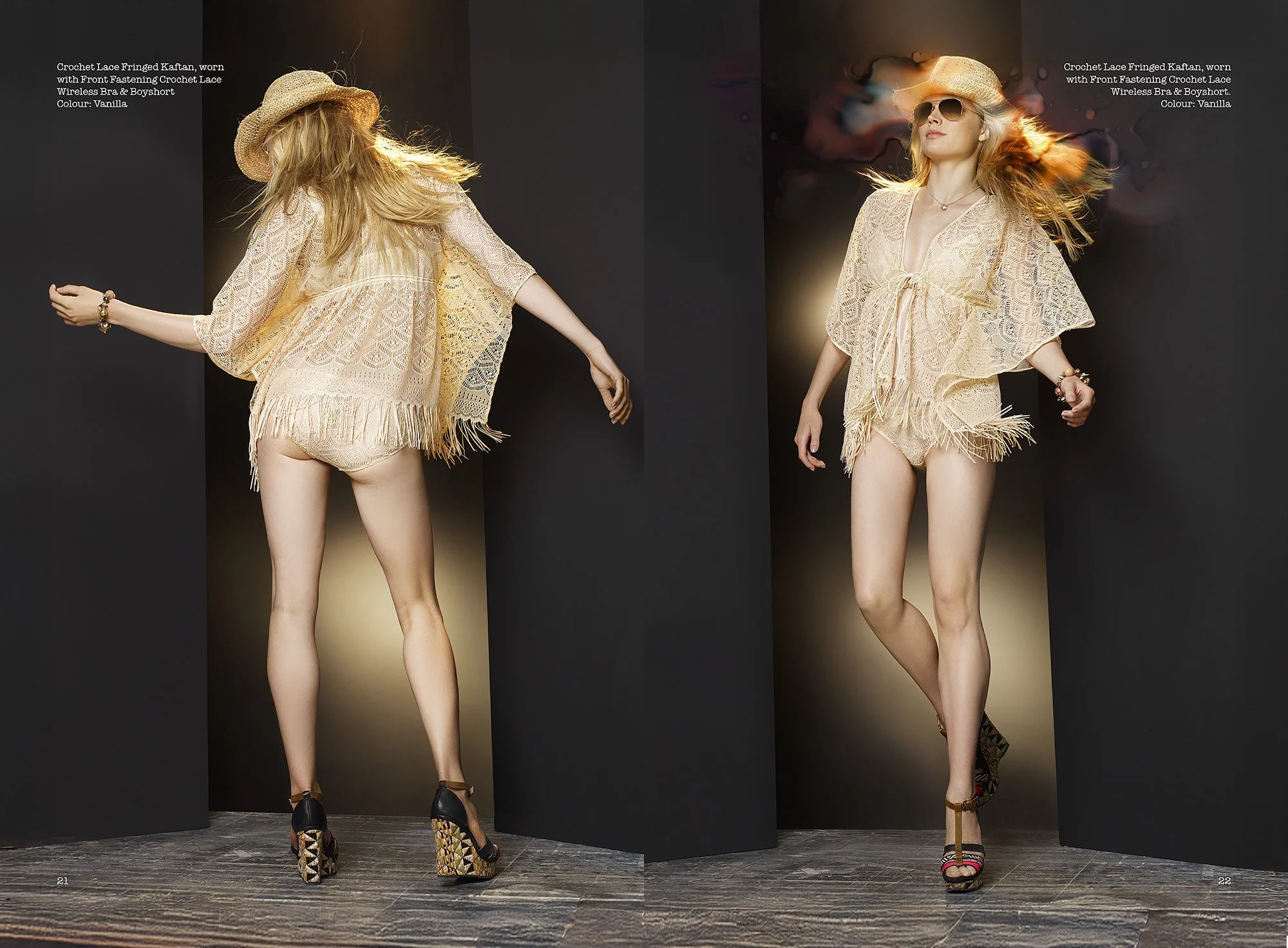 A woman wearing a crochet lace fringed kaftan, matching shorts, beige sunglasses, and high heel shoes, standing against black background with a woman on each side.