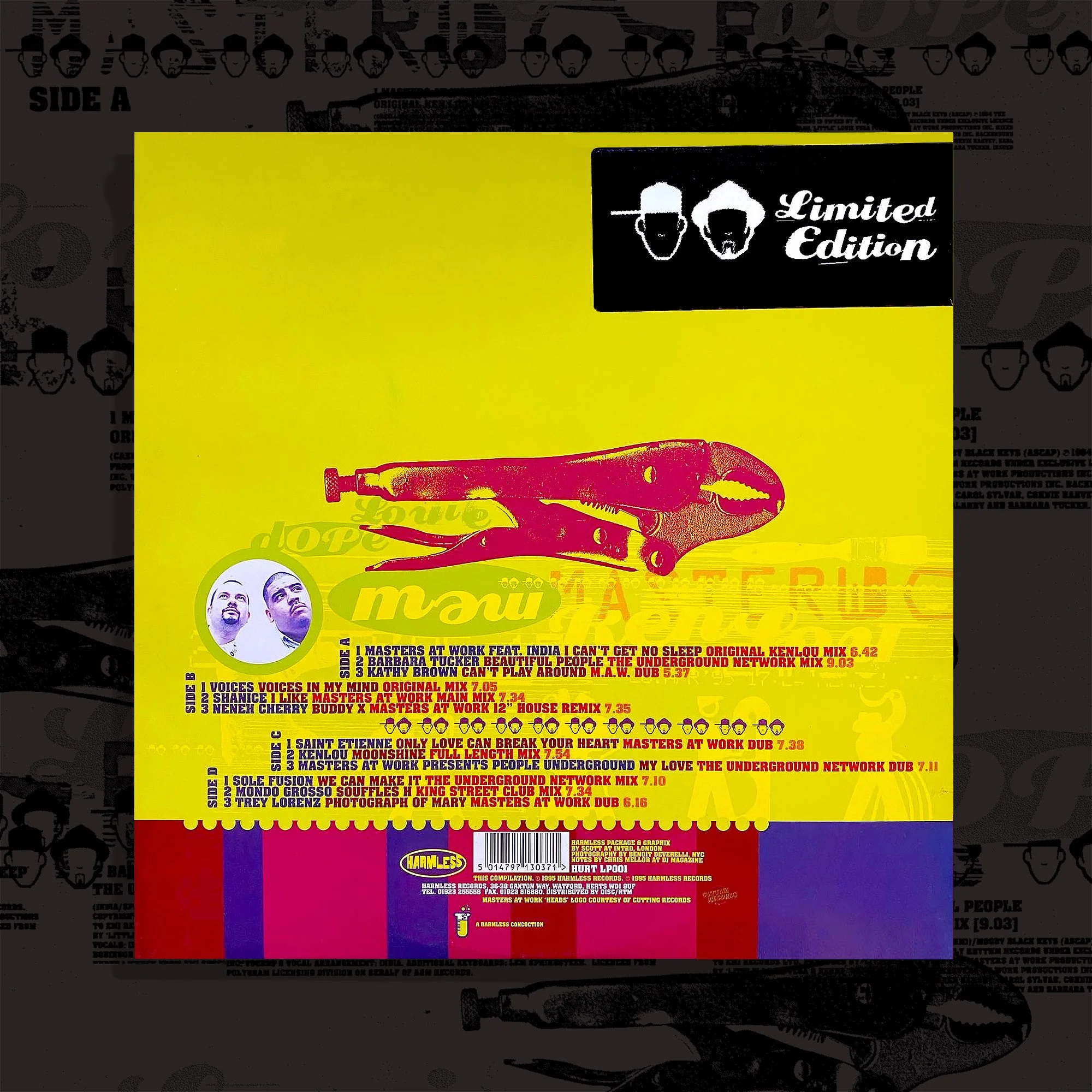 A brightly colored record album cover with a yellow background, featuring a red illustration of a wrench and pliers, and a black label that says "Limited Edition" with illustrations of stylized heads.