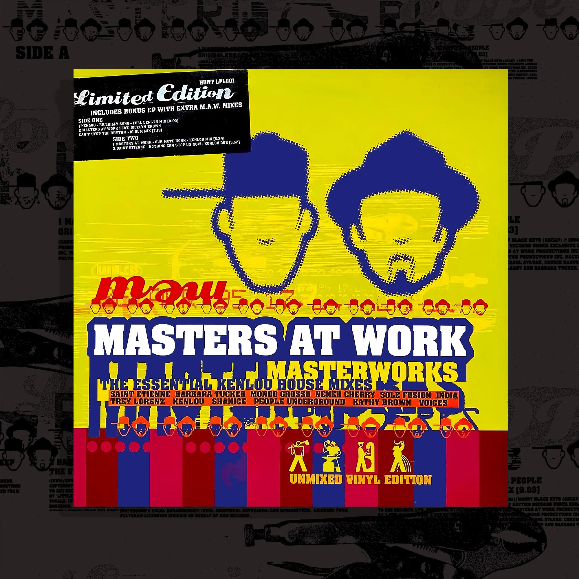 Album cover art titled "Masters at Work: Essential Kenlou House Mixes." Features a bright yellow background with pixelated blue illustrations of two men's faces at the top. The title is in bold white and yellow text, and there's a red and blue striped pattern at the bottom with illustrations of dancing figures. A black sticker in the top left mentions "Limited Edition" and bonus tracks.