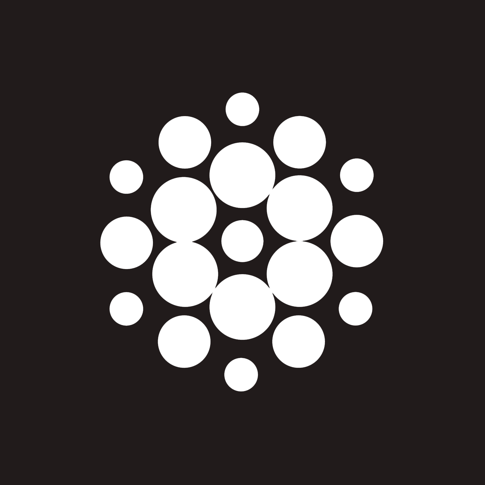 Abstract geometric pattern with white circles of varying sizes on a black background.