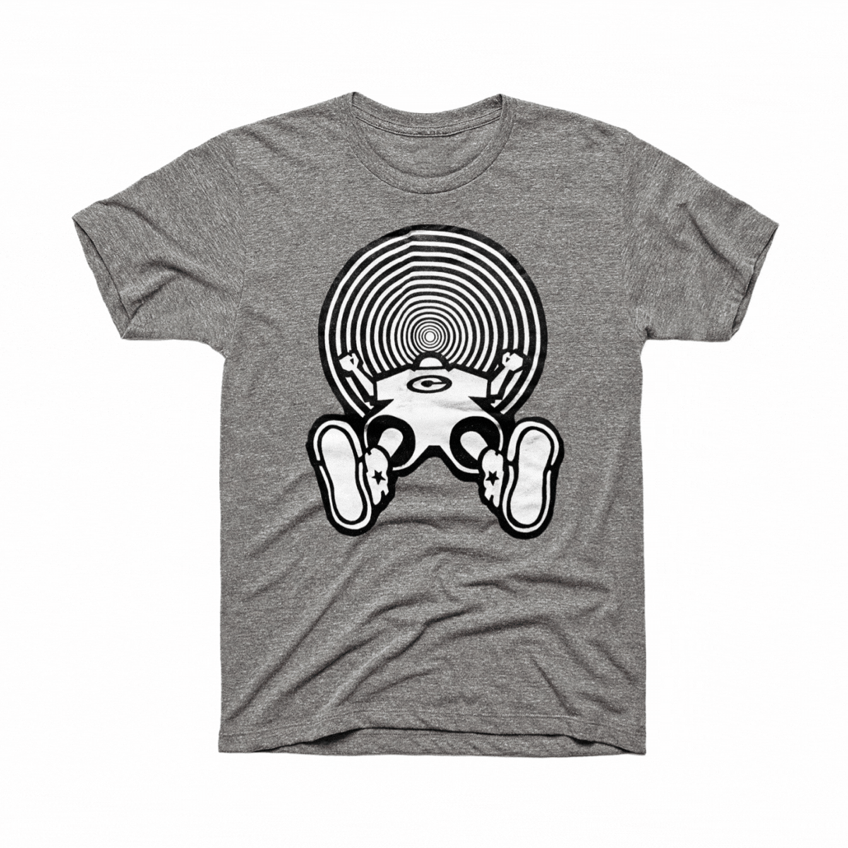 Gray T-shirt with a graphic of a cartoon character sitting with legs outstretched, wearing sneakers with star designs, and a face with a circular pattern behind it.