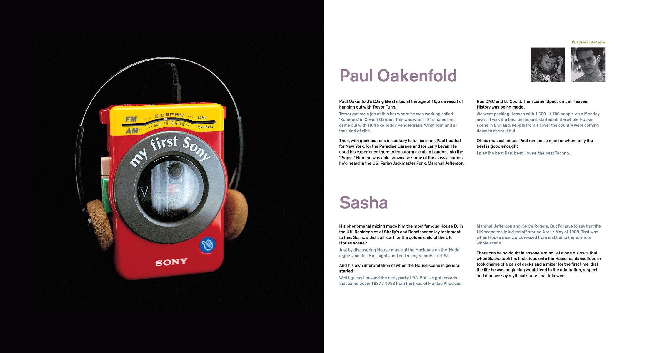 A vintage Sony Walkman portable cassette player with headphones on a black background, positioned next to a printed sheet of paper with text about Paul Oakenfold and Sasha.