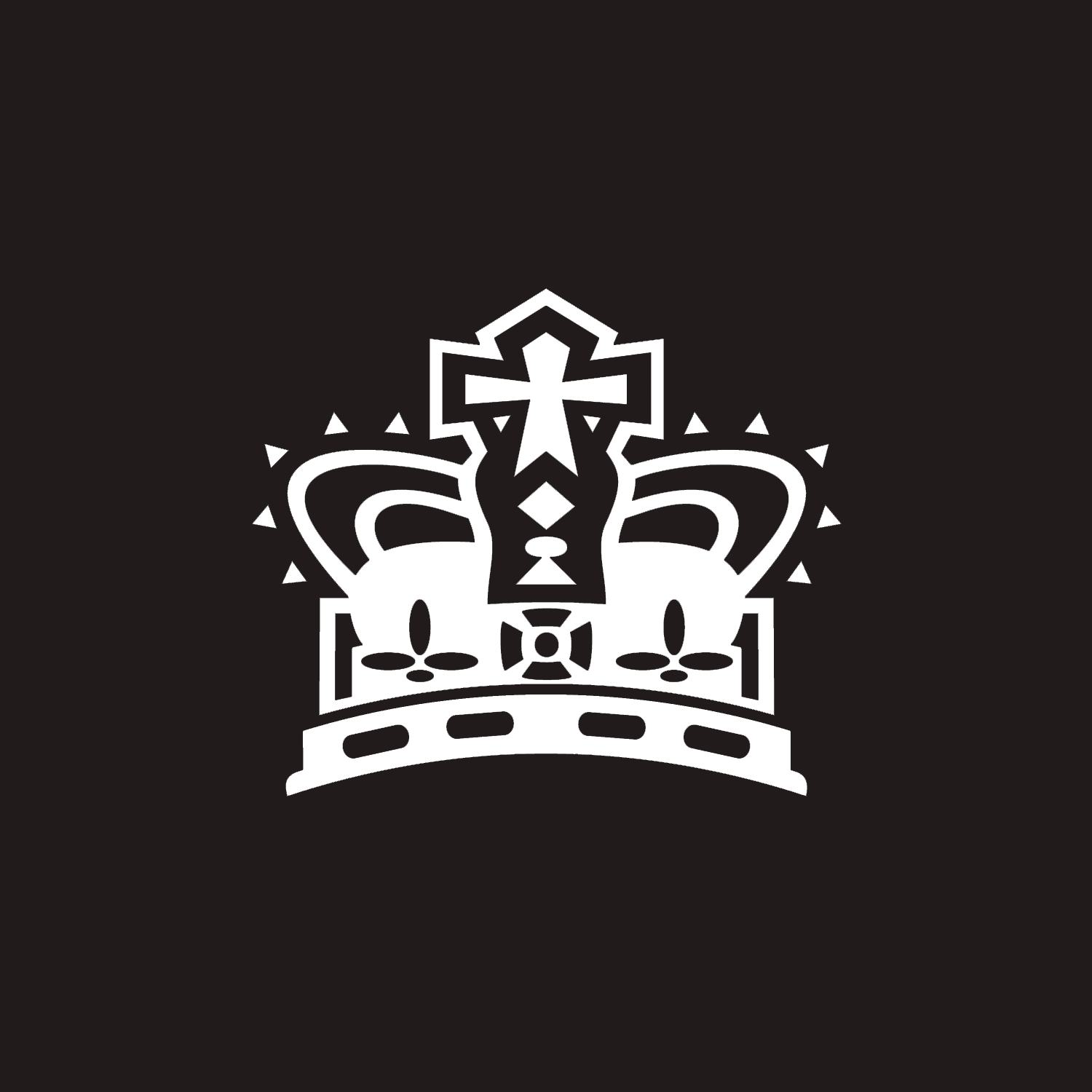 Stylized black and white crown with intricate details, including a cross at the top and fleur-de-lis elements.