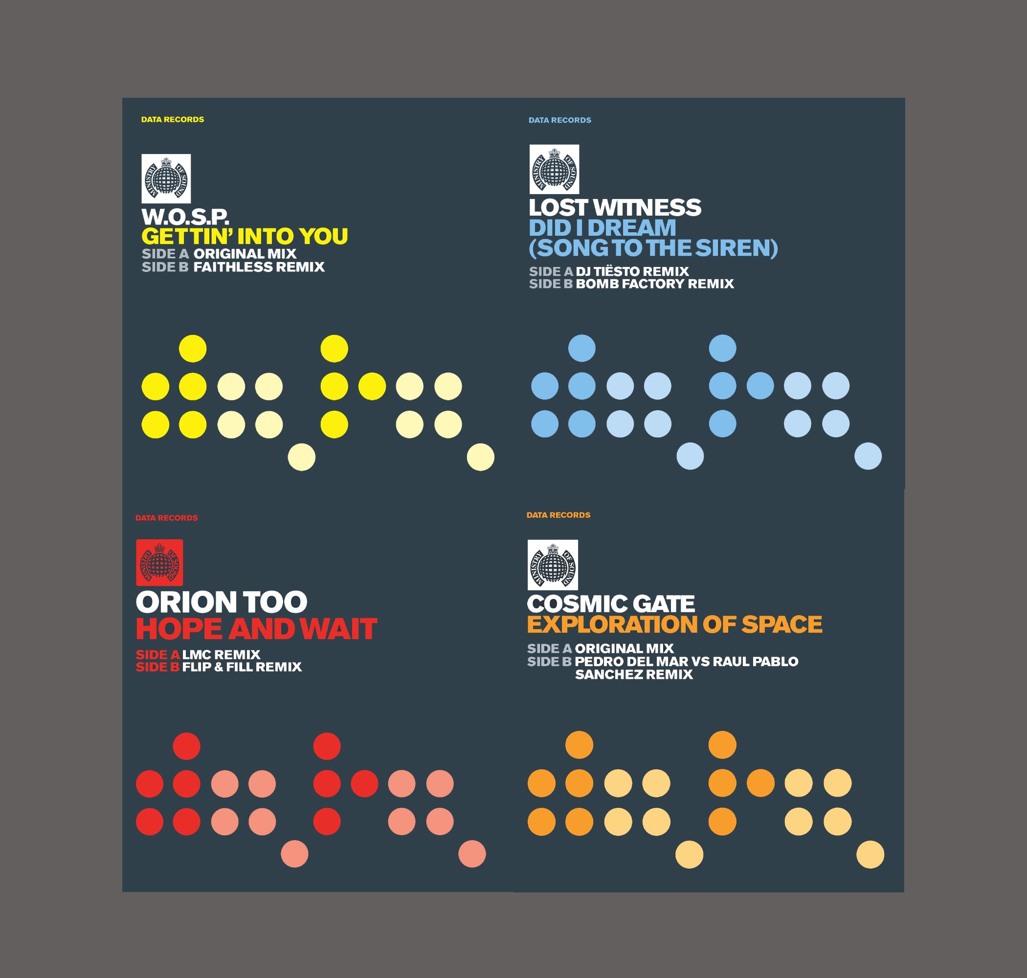 A colorful vinyl record album cover with four sections, each featuring a record label's logo, artist, and track information with stylized dotted patterns in various colors.