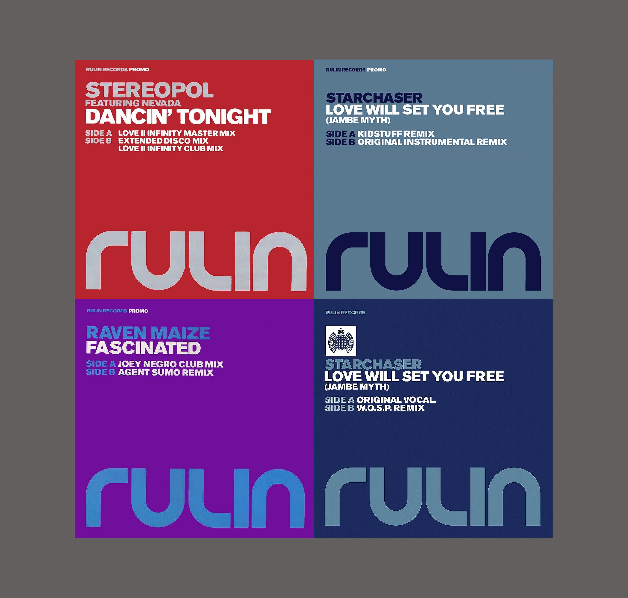 Colorful four-panel record album cover featuring electronic music artists and track titles.