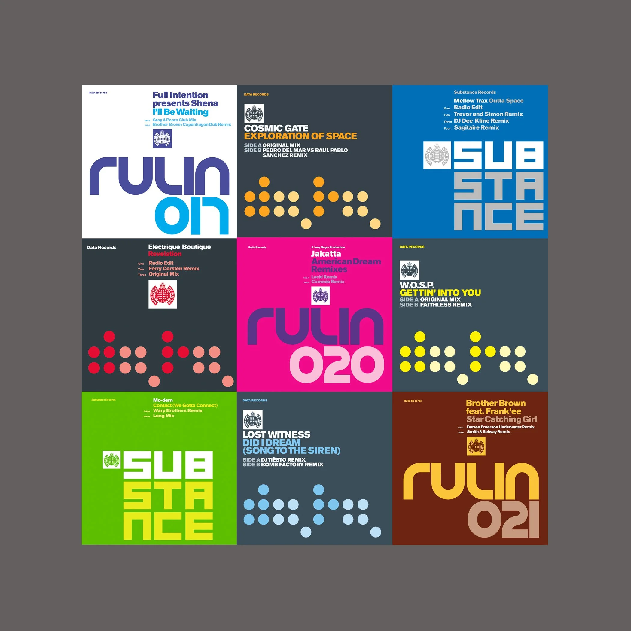 Collage of nine colorful music record covers with various designs, colors, and text.