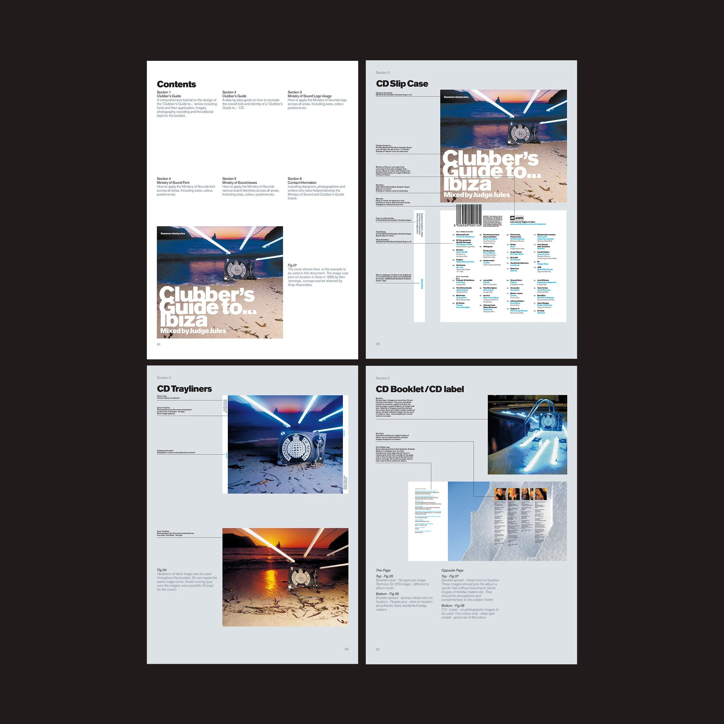 Four pages of a digital booklet or brochure about Ibiza music scene. Includes a cover with a DJ setup on the beach at sunset, and sections about CD slip case, CD tray liners, and CD booklet/case label with images of DJ equipment, beach, and sunset.