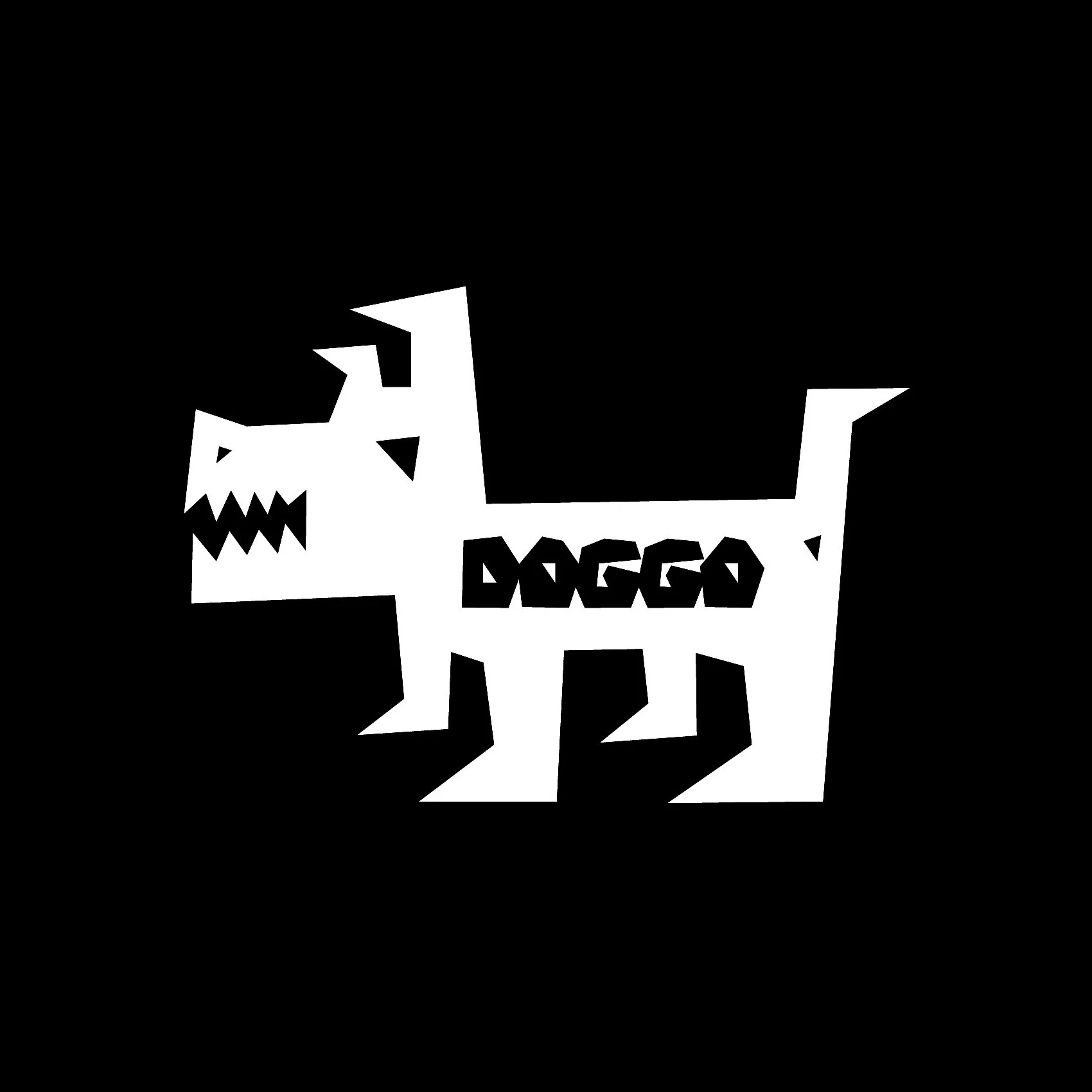 Black and white illustration of a stylized, cartoonish dog with exaggerated features, including sharp teeth, a long tail, and the word 'DOGGO' on its body.