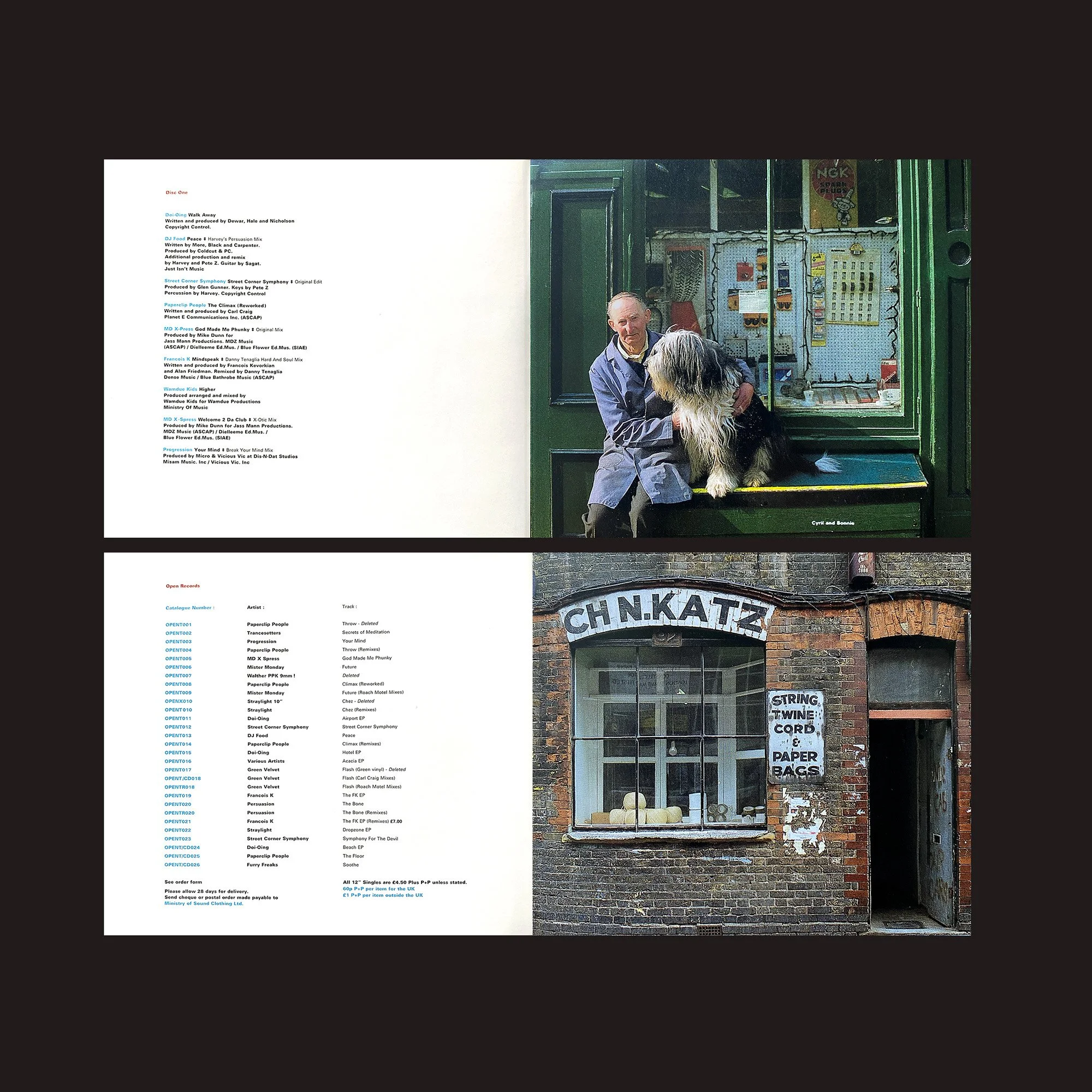 A collage of two photographs. The top photo shows a man sitting outside a shop with a large dog, both looking at the camera. The shop has green walls with various items in the window. The bottom photo shows a brick building with a sign reading "CH. N. KATZ" and a window with multiple pastries. Next to the window is a sign advertising string, twine, cord, and paper bags.