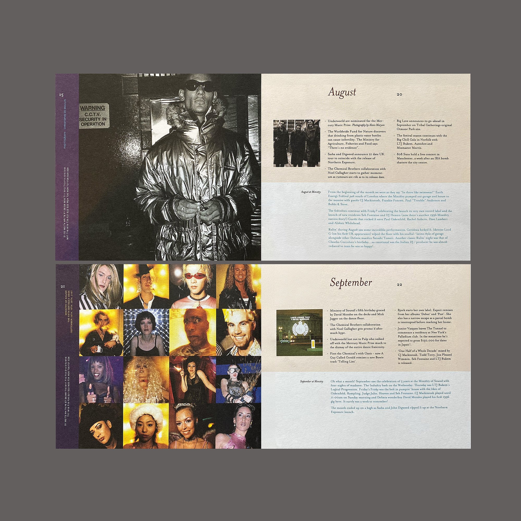 A two-page magazine spread featuring black and white photo of a person in a shiny jacket on the left page, and a collage of colorful photos of various people, with September and August sections of text on the right page.