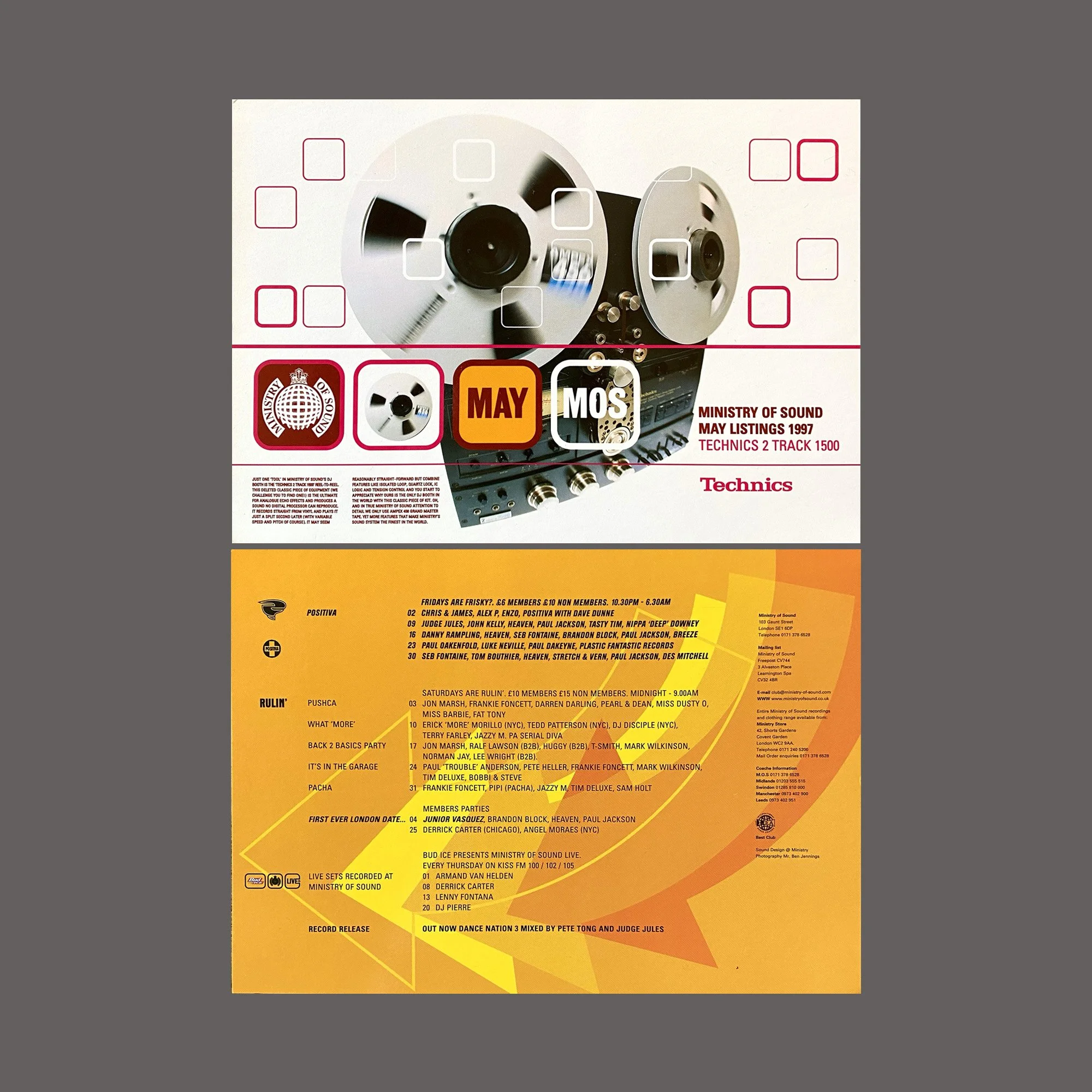 A flyer for a music event featuring a digital graphic of a reel-to-reel tape recorder in the top section. The flyer includes date details, May, and MOS, with information about different music sets and DJ performances scheduled for Friday and Saturday nights.