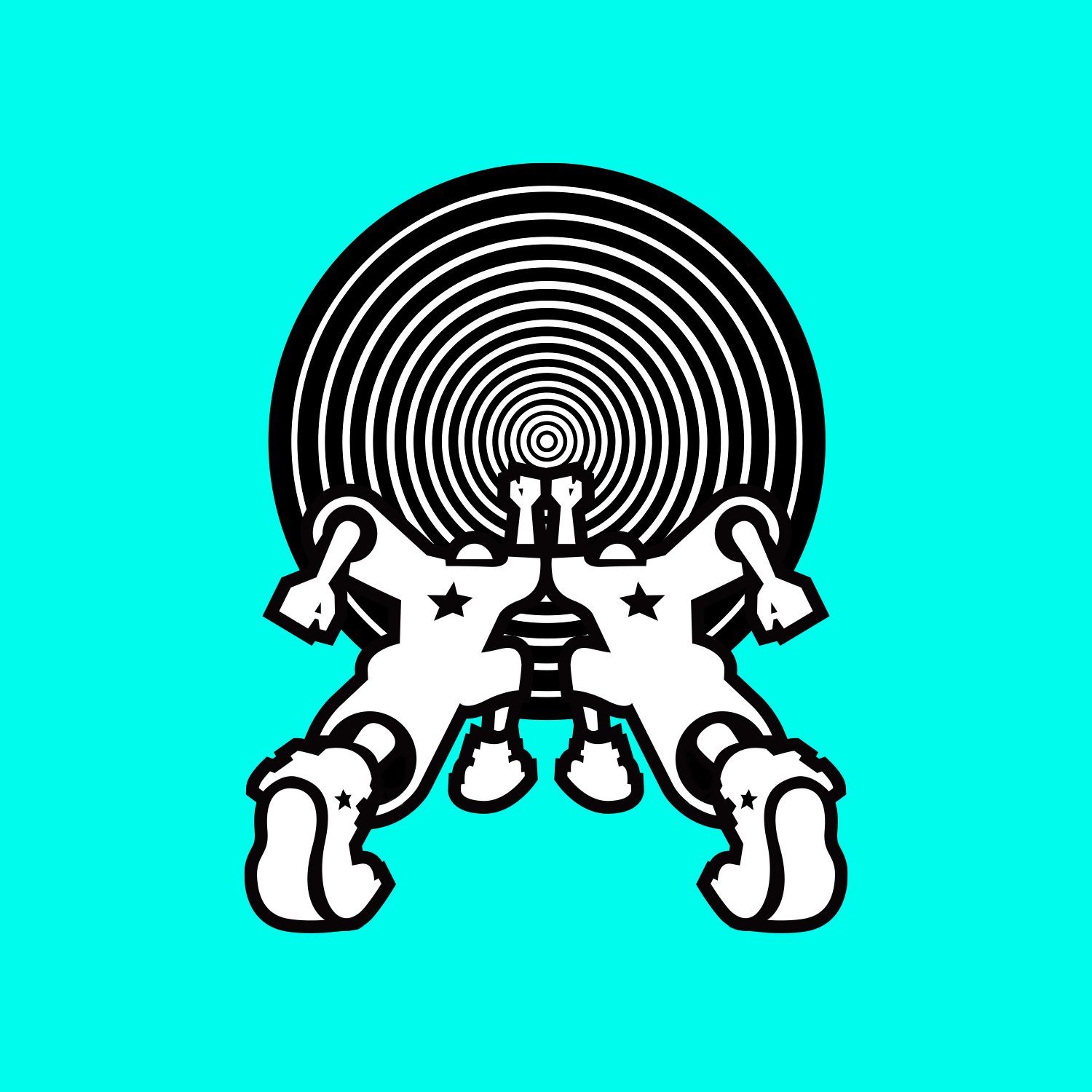 Stylized futuristic robot with star-shaped markings on its limbs, standing with arms raised, in front of a spiraling black and white hypnotic background on a cyan backdrop.