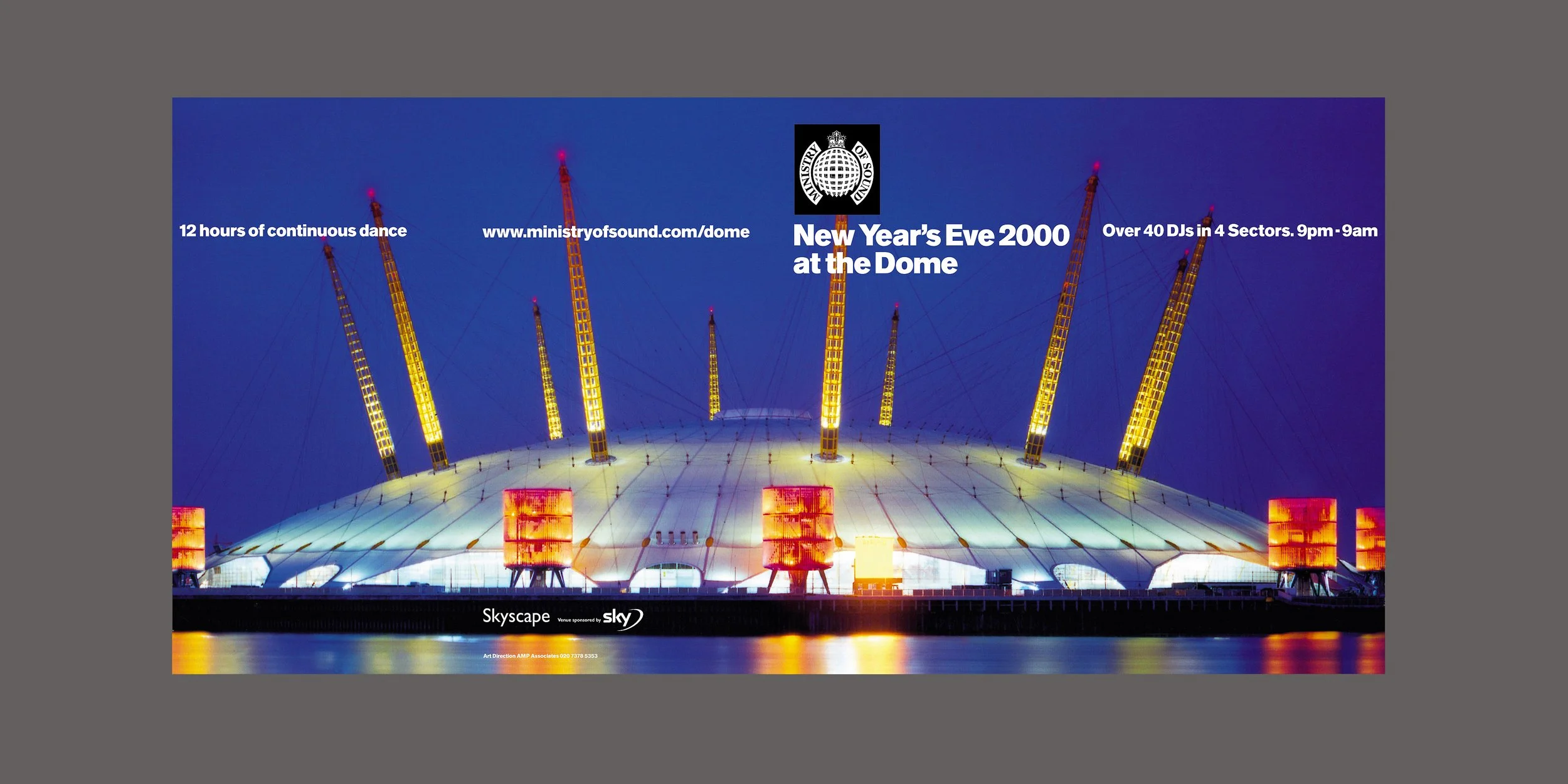 Nighttime view of the Millennium Dome in London, illuminated with lights, advertising New Year's Eve 2000 event with over 40 DJs, 12 hours of continuous dance, from 9 pm to 9 am, website information and event details.