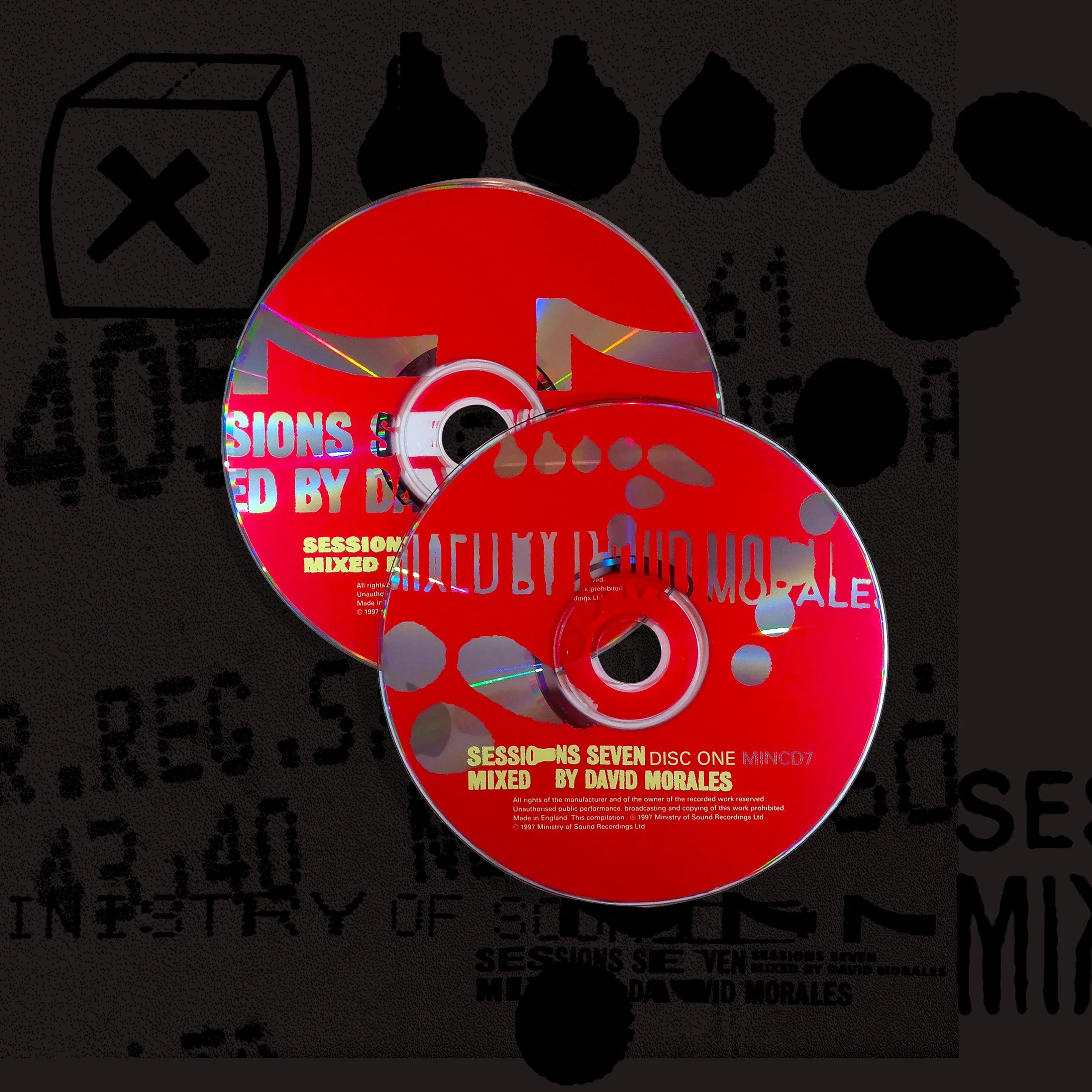 Two music CDs titled "Sessions Seven" and "Session Six" by David Morales placed on a dark background with technical and track list text.