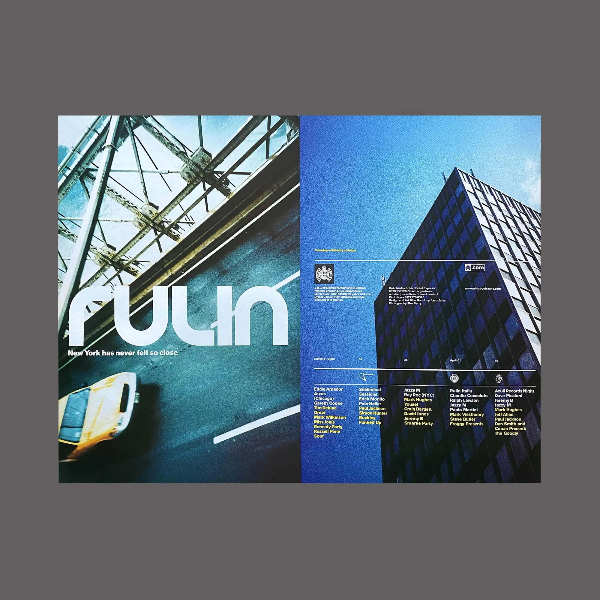 A magazine page featuring a city scene with a yellow taxi on a street and scaffolding over a building on the left, and a tall modern building with a blue sky on the right. The word 'run' is partially visible in large white letters on the left side of the page.