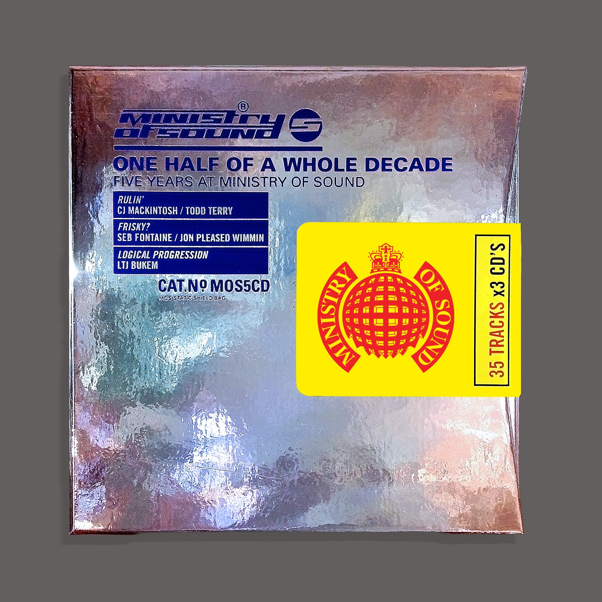 A CD case with a holographic cover displaying text and a yellow sticker from Ministry of Sound, featuring a red globe logo and stating '35 tracks x 3 CDs'.