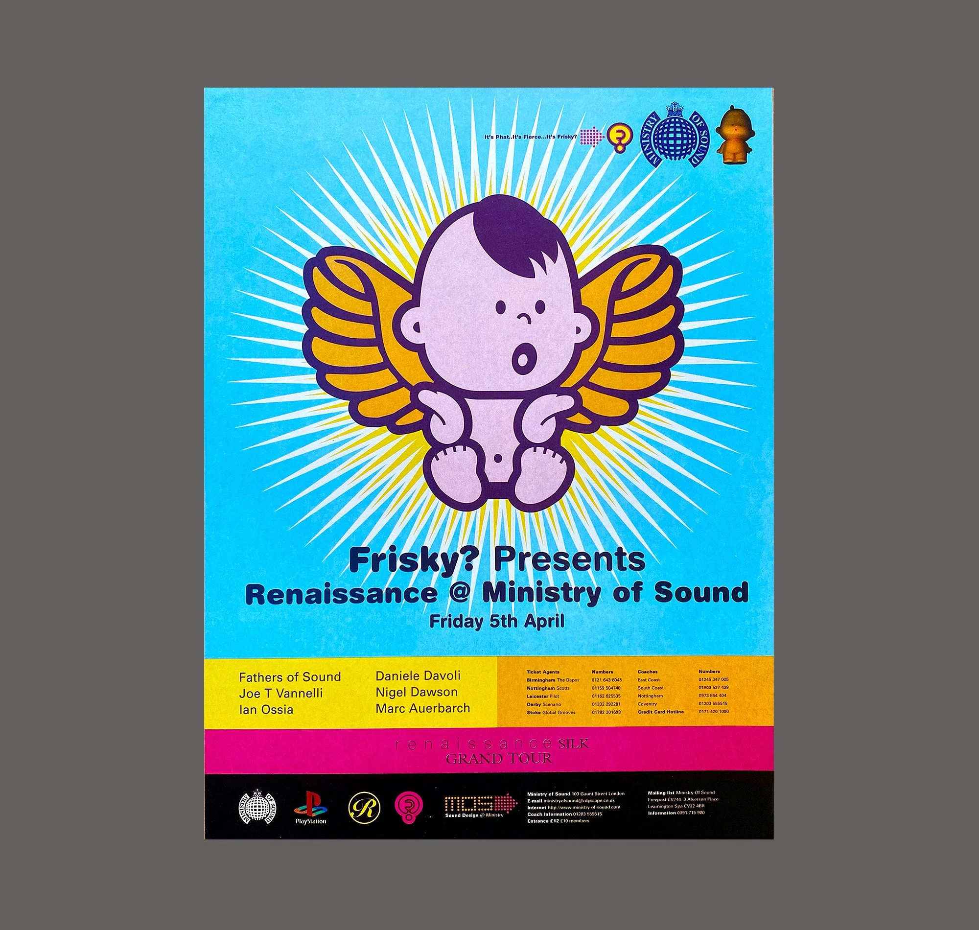 A colorful poster featuring a cartoon baby with purple hair, yellow wings, and a surprised expression, advertising an event called Renaissance at the Ministry of Sound on April 5th.