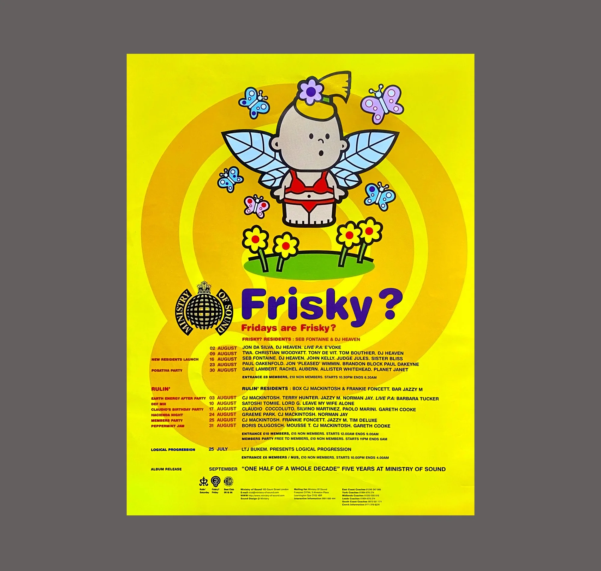 Poster for Frisky music event featuring a cartoon fairy with wings, surrounded by butterflies and flowers, with bold purple and red text.