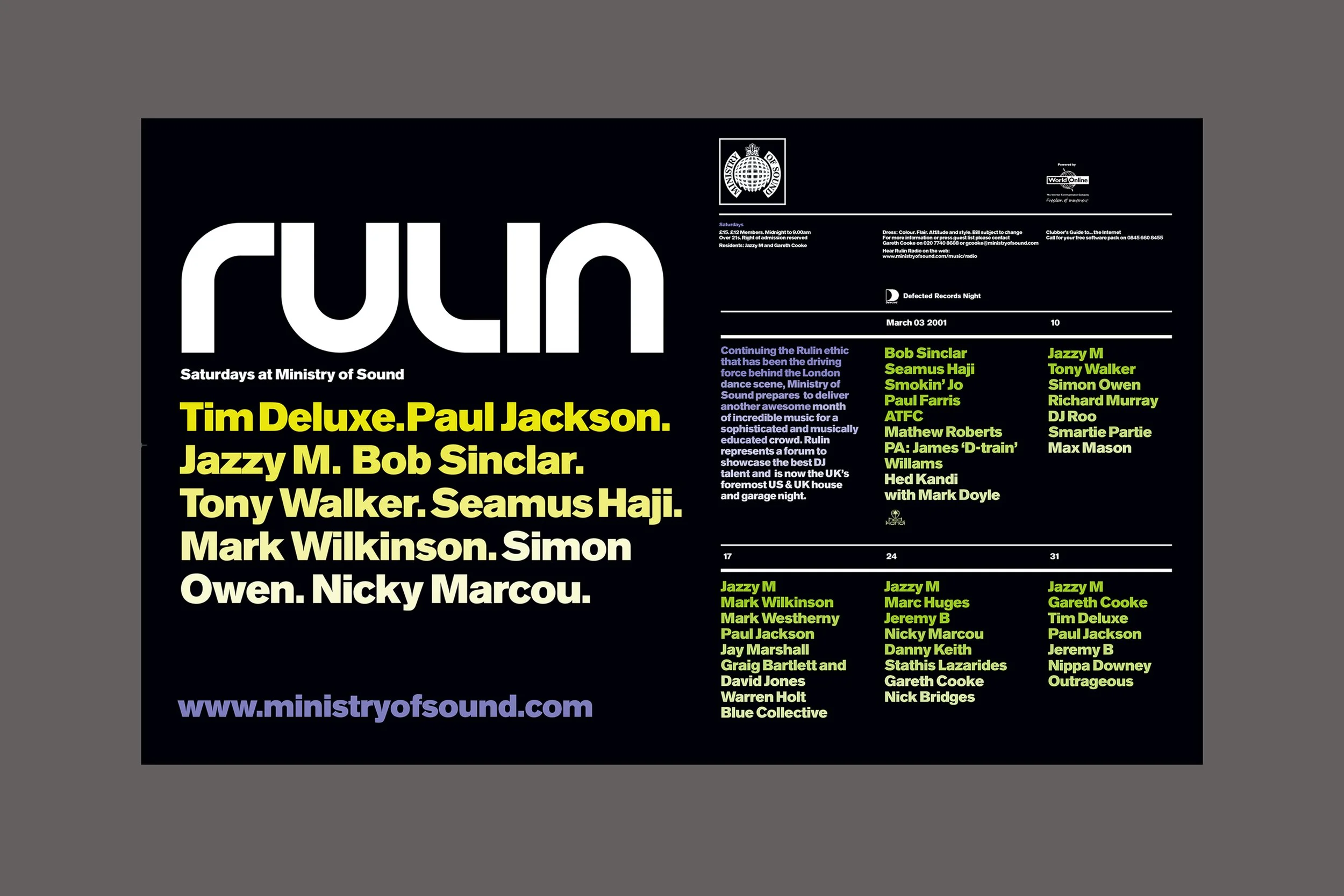 Event poster for Sundaze at Ministry of Sound on March 3, 2001, featuring DJ lineup including Tim Deluxe, Paul Jackson, Jazzy M, Bob Sinclar, Tony Walker, Seamus Haji, Mark Wilkinson, Simon Owen, and Nicky Marcou.