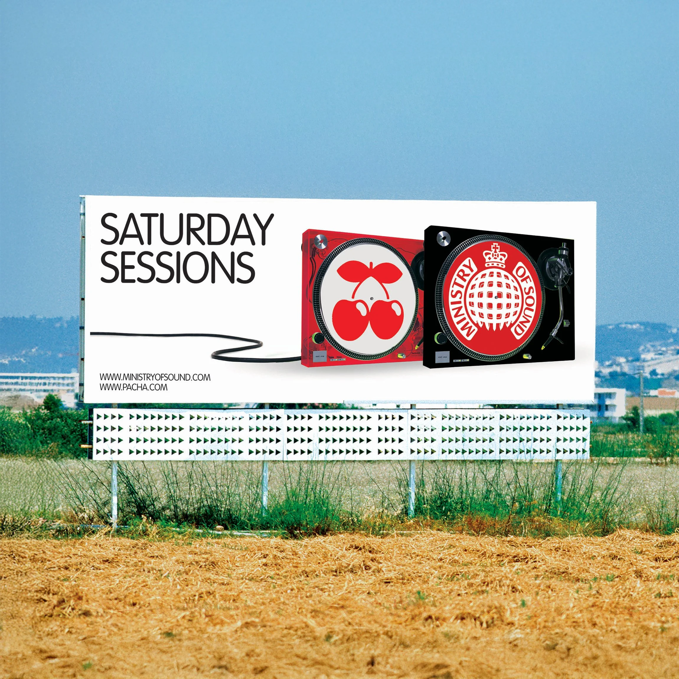 Billboard advertising Saturday music sessions with logos of Cherry and Ministry of Sound on DJ turntables.