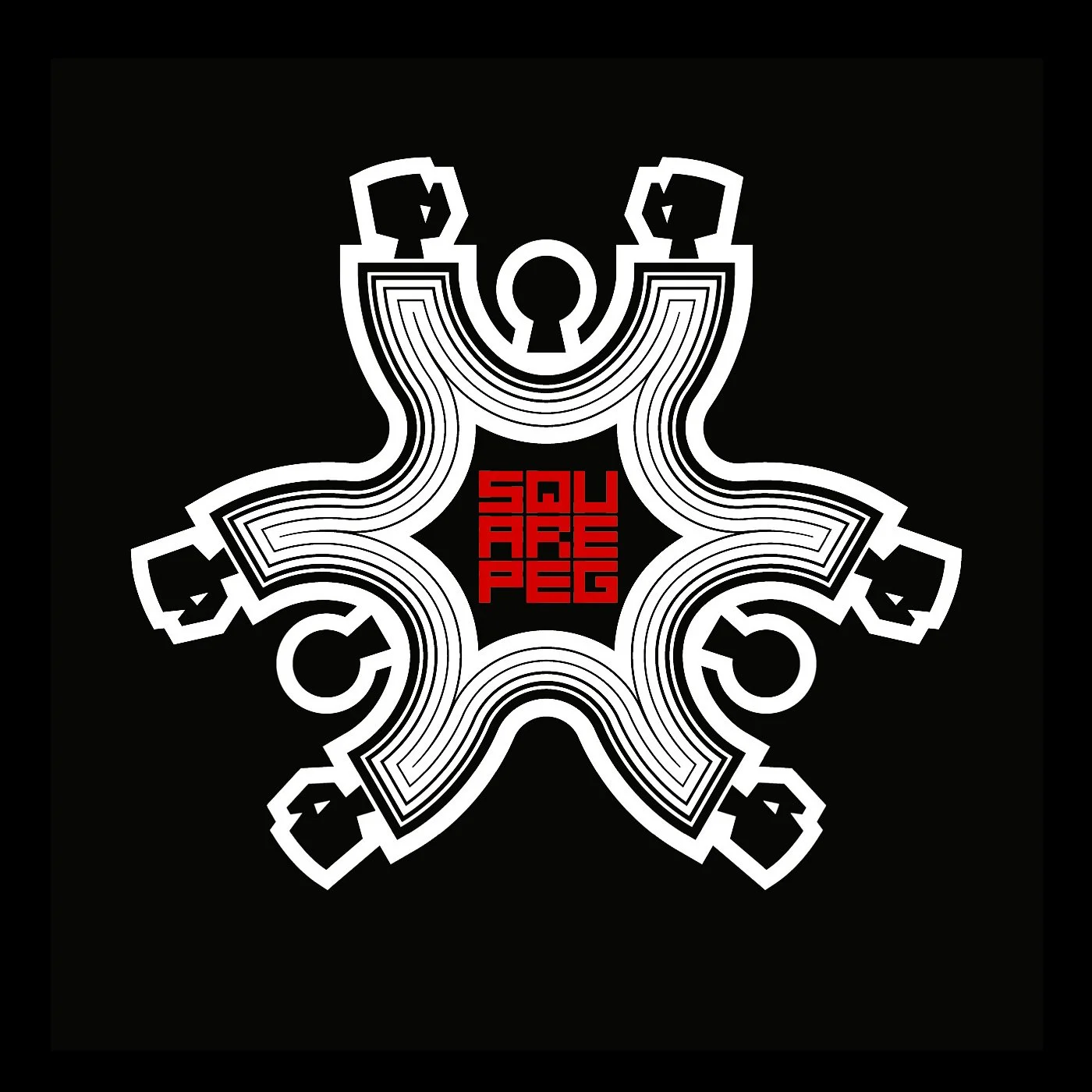 A black background with a white maze-like star shape and the words 'SQU ARE PEG' written in red in the center.