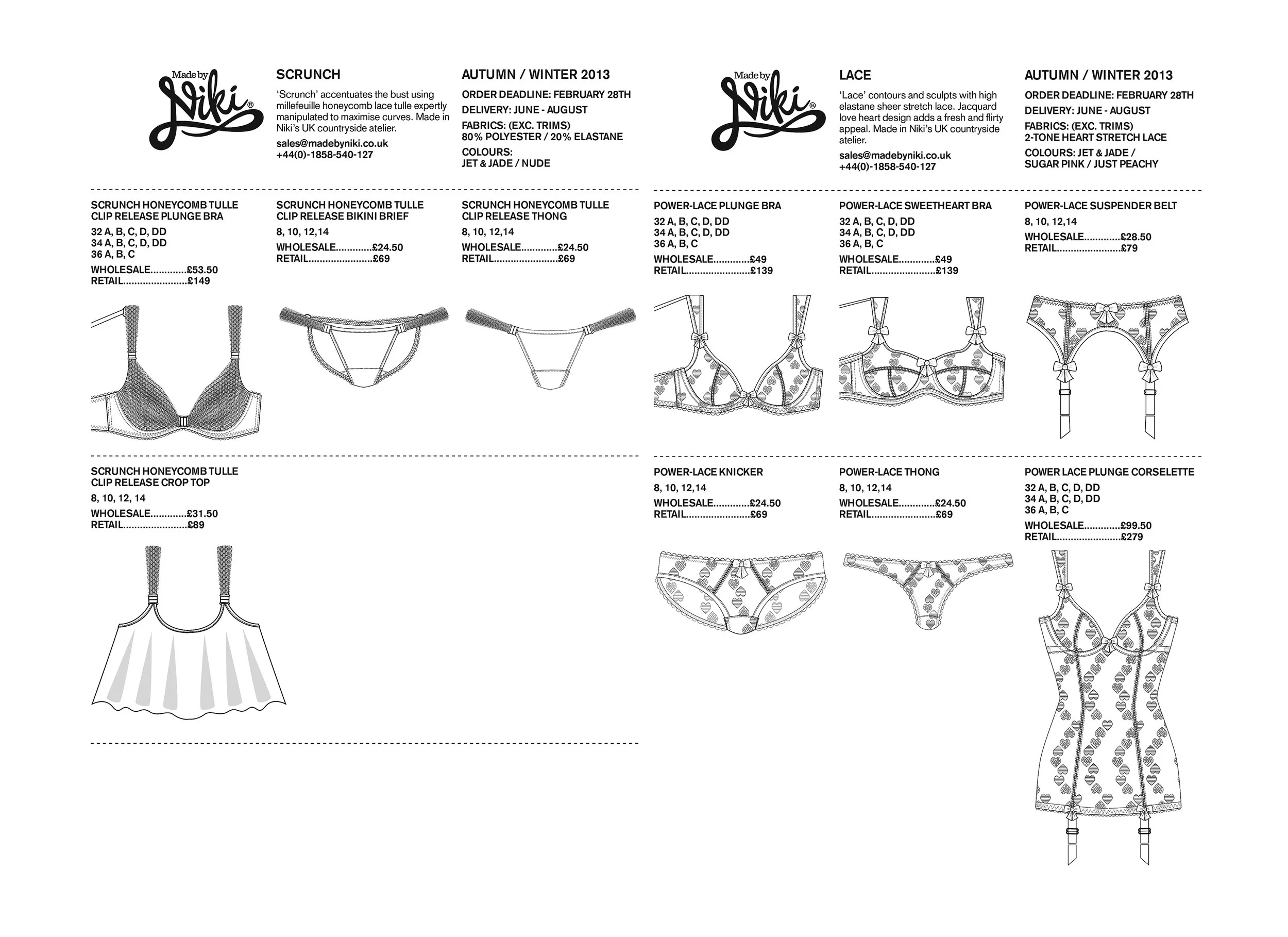 Black-and-white fashion catalog page for Niki, showcasing lingerie and sleepwear designs for Autumn/Winter 2013, including bras, knickers, and a dress, with prices and descriptions.