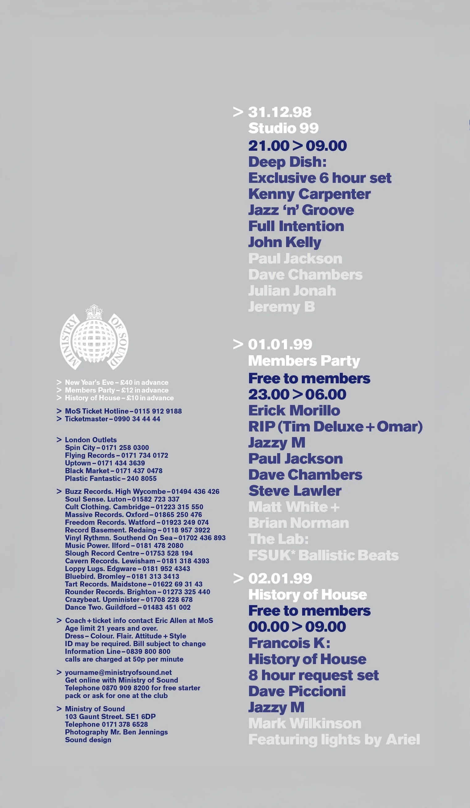 Event schedule poster with information about upcoming performances and parties at the Ministry of Sound, including dates, times, and featured artists.