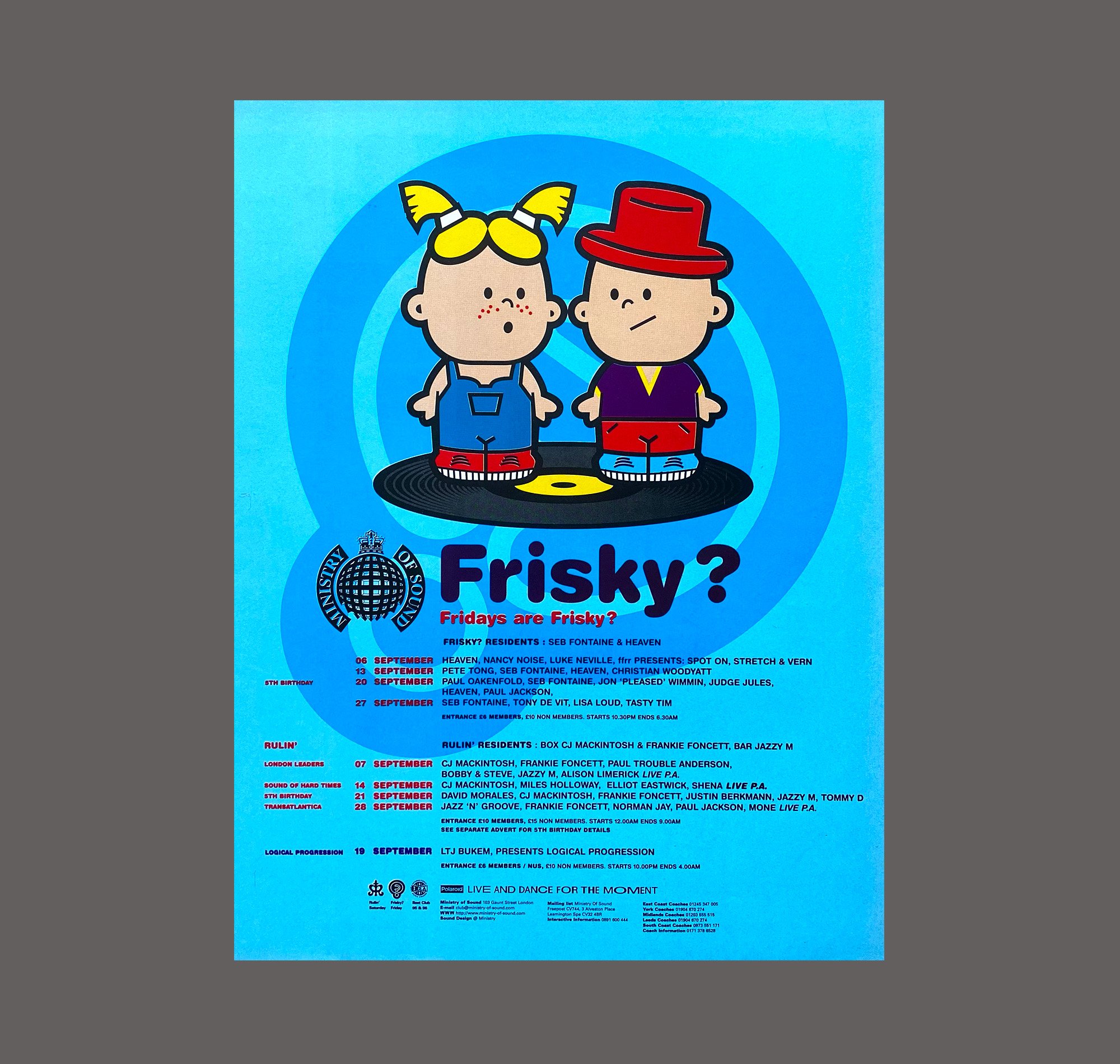 A colorful poster for a music event called Frisky, featuring cartoon characters of a girl with pigtails and a boy with a red hat, standing on a vinyl record. The poster has the event scheduled for September and includes details about performances and locations.