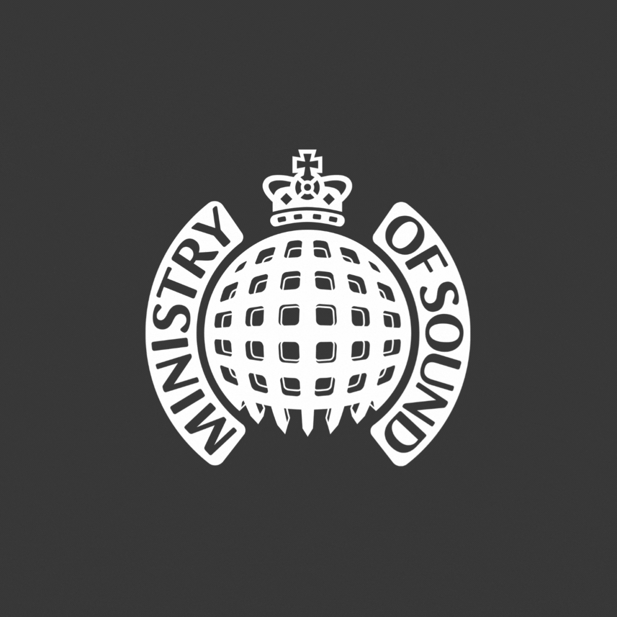 Black and white emblem of the Ministry of Defence with a crown on top, a globe with a grid pattern at the center, and the words "Ministry of Defence" in a circular pattern.