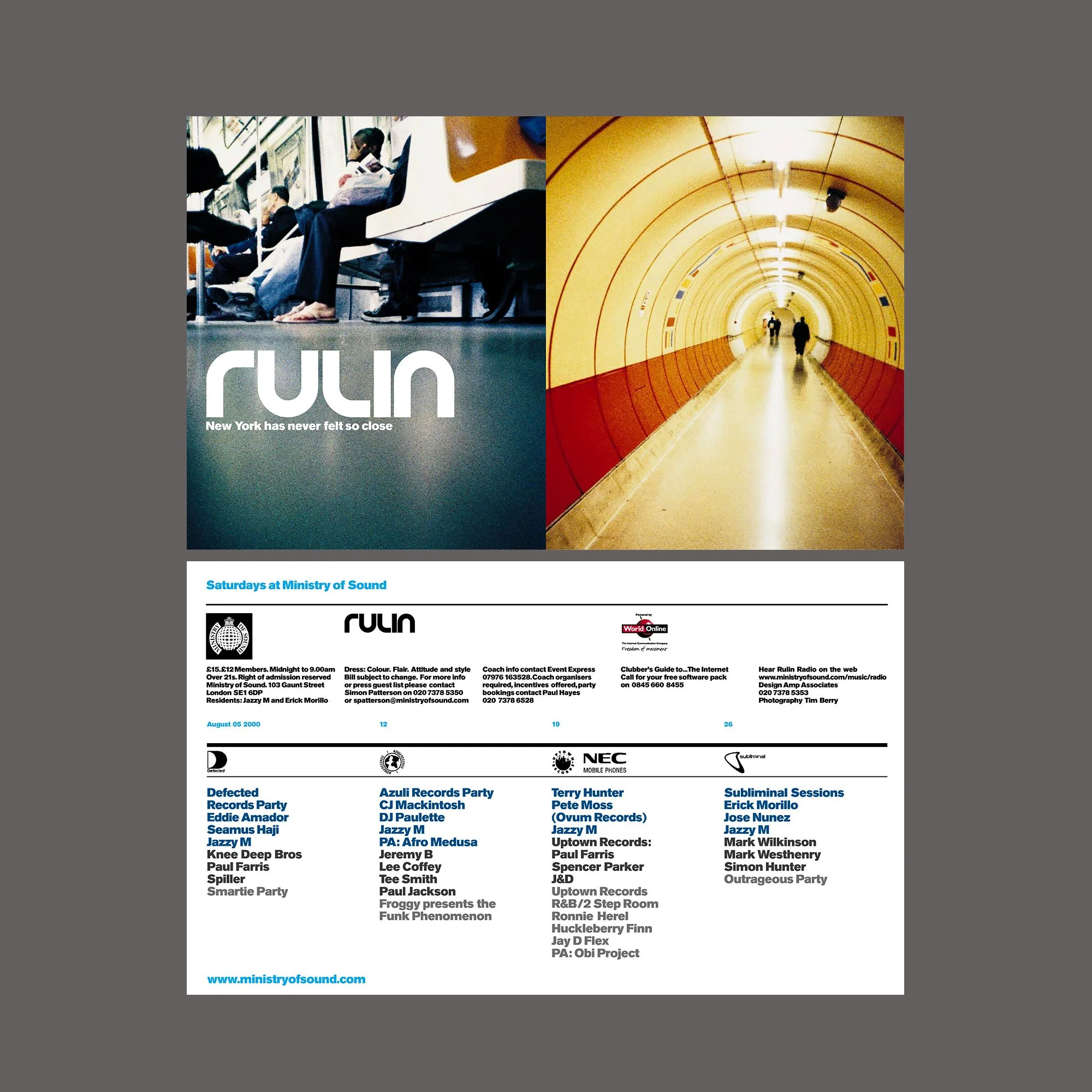 Advertisement poster for Rulin, showing a person sitting on a subway train on the left and a long, curved underground tunnel on the right, with text and event listings below.