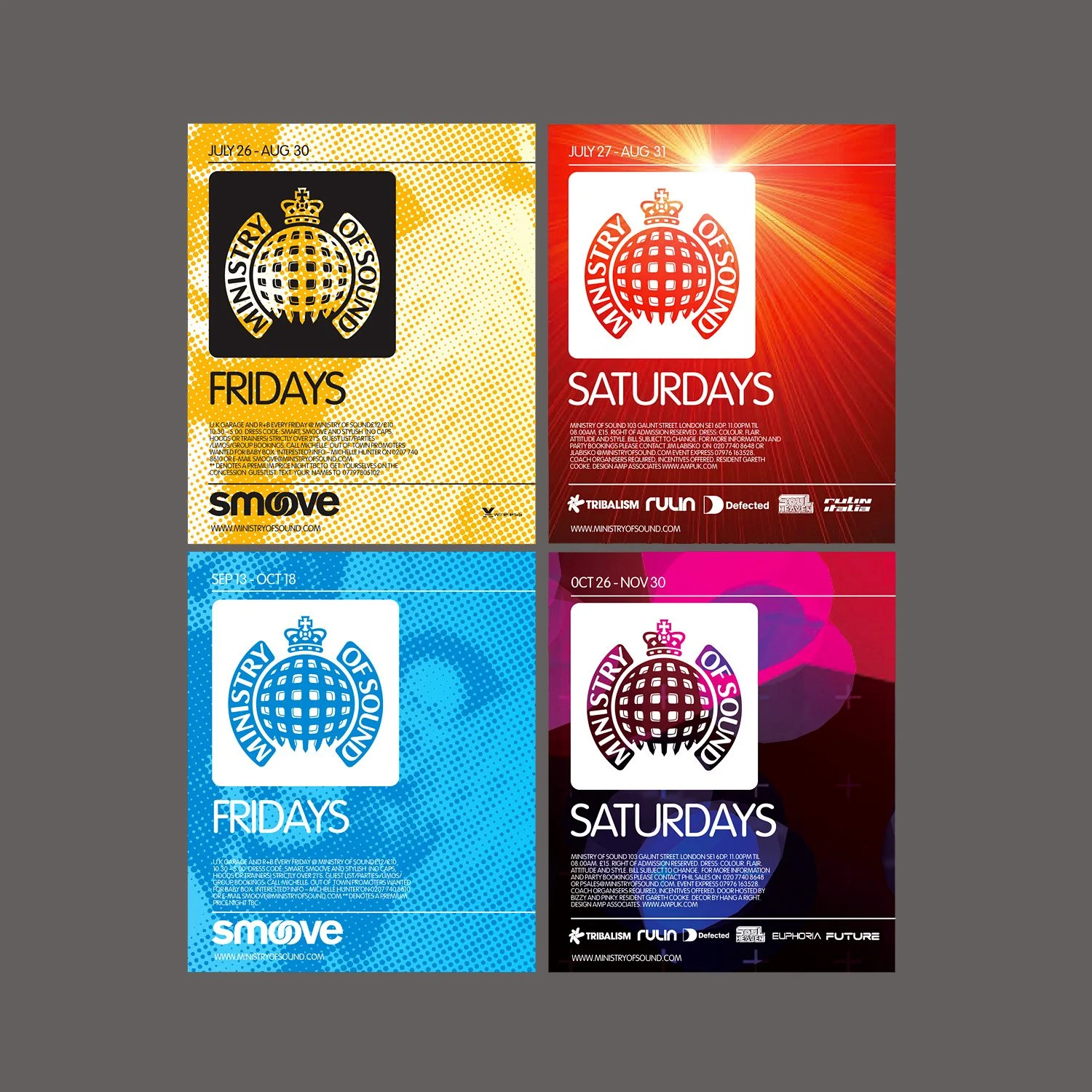 Four promotional flyers for Ministry of Sound nightclub, each featuring a globe logo with a crown and event details for Fridays and Saturdays, in yellow, red, blue, and purple backgrounds.