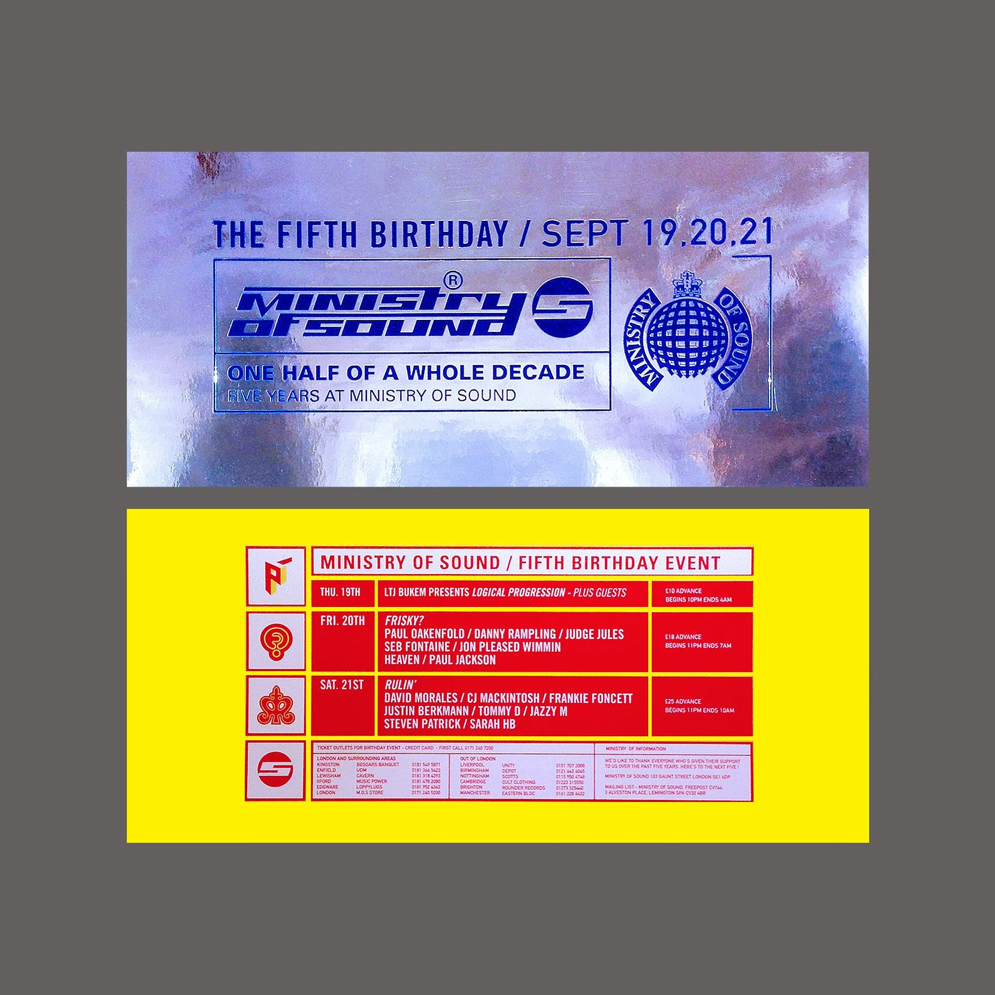 Event flyers for the Ministry of Sound's fifth birthday celebration, featuring a blue and purple metallic design and a yellow background with event dates, lineups, and ticket information.