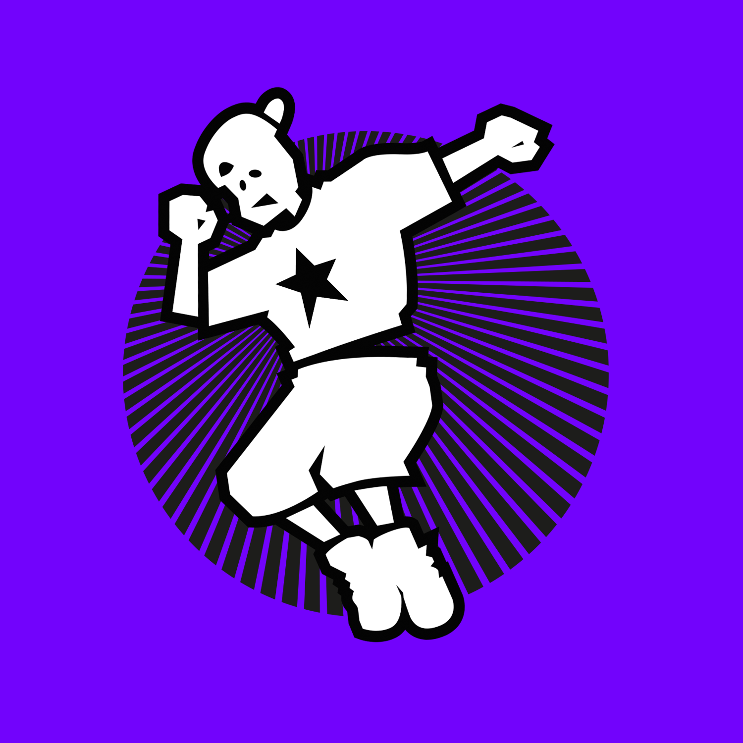 A stylized cartoon skeleton with a star on its chest, dancing in front of a purple background with black radial lines.
