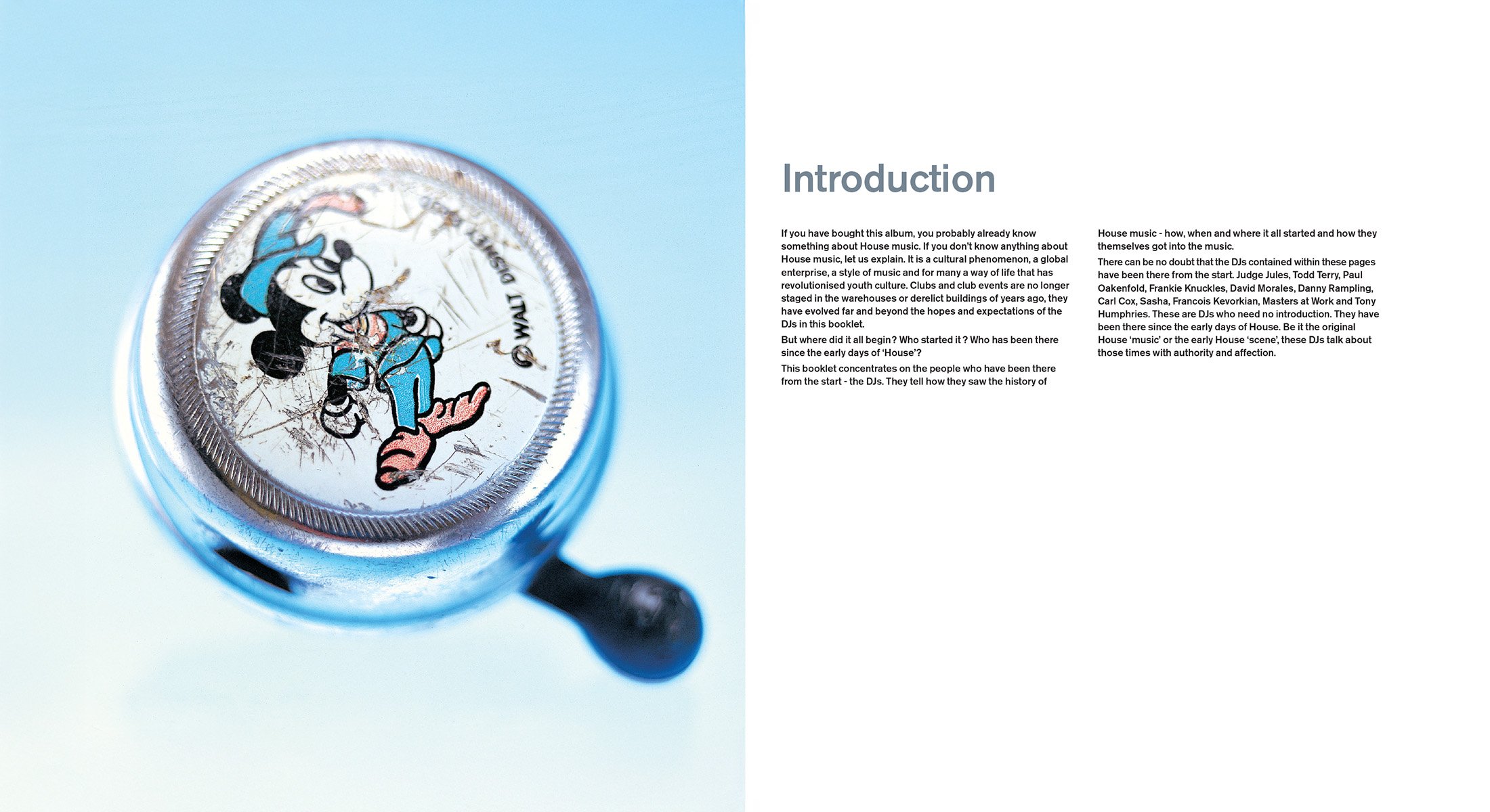 Close-up of a vintage Mickey Mouse quarter coin with a blue background on the left, and a white page of a booklet with black text titled 'Introduction' on the right.