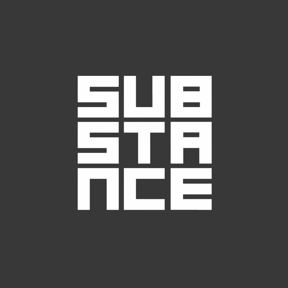 Black background with white block letters spelling out "SUBSTANCE" arranged in a grid.